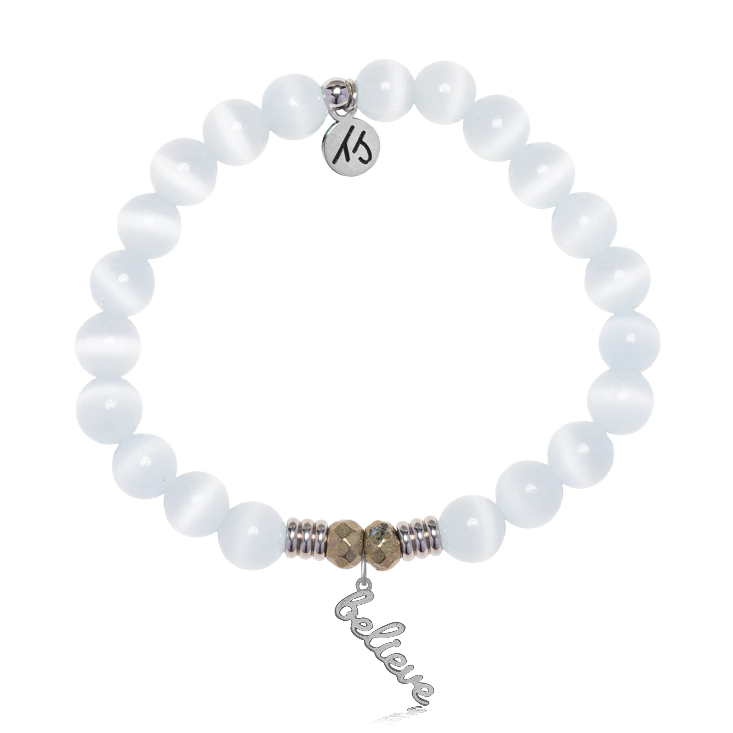 White Cats Eye Gemstone Bracelet with Believe in Yourself Sterling Silver Charm