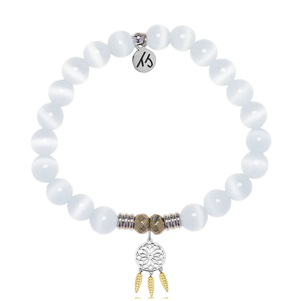 White Cats Eye Gemstone Bracelet with Dream Catcher Sterling Silver Charm