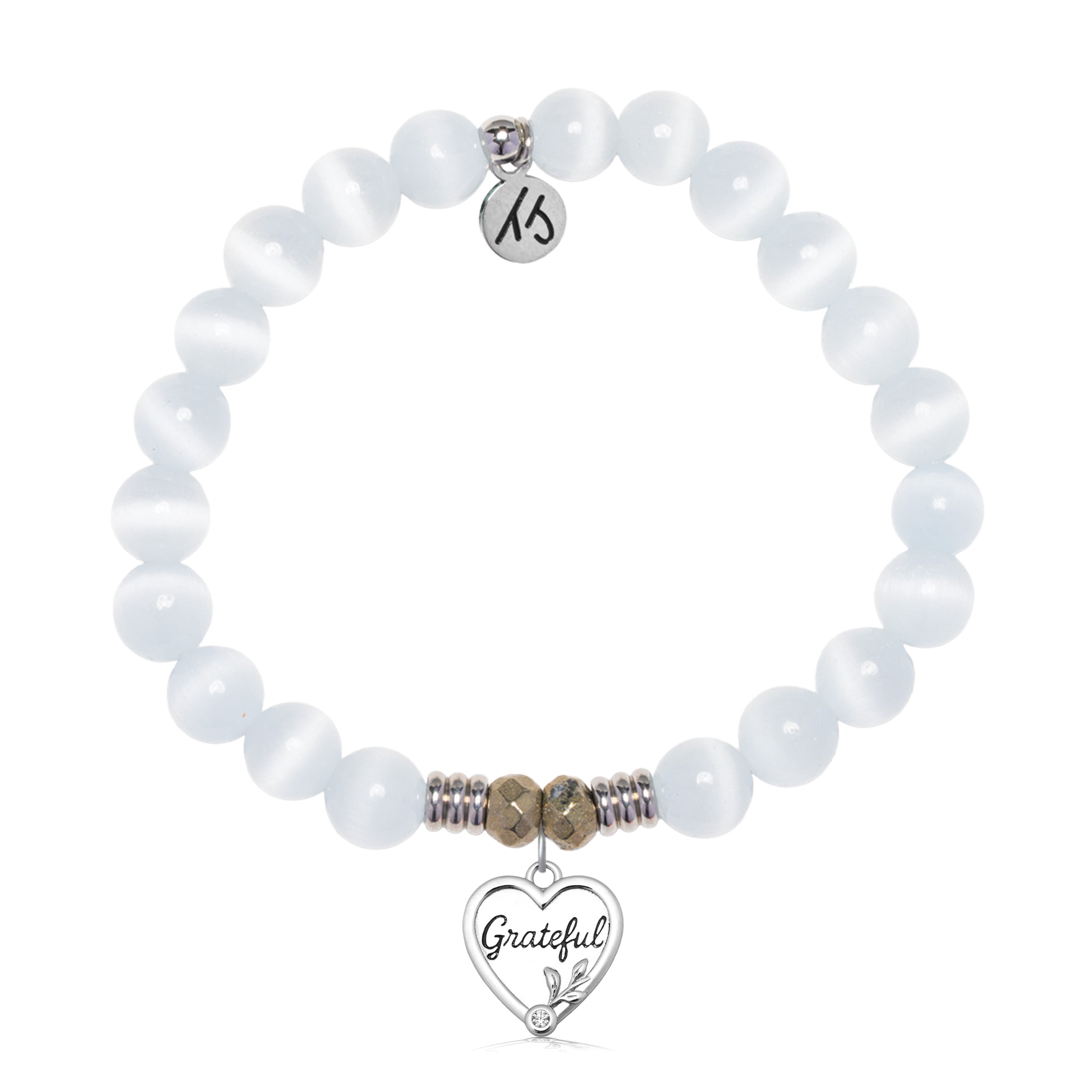 White Cats Eye Gemstone Bracelet with Grateful Sterling Silver Charm