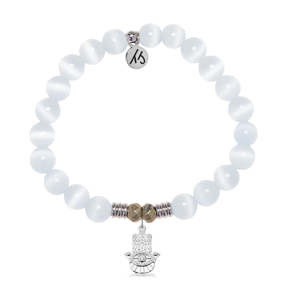 White Cats Eye Gemstone Bracelet with Hamsa CZ Sterling Silver Charm