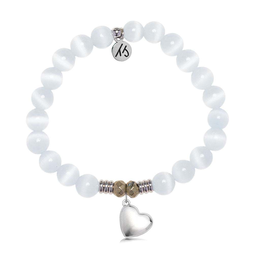 White Cats Eye Gemstone Bracelet with Love the Life You Live Sterling Silver Charm