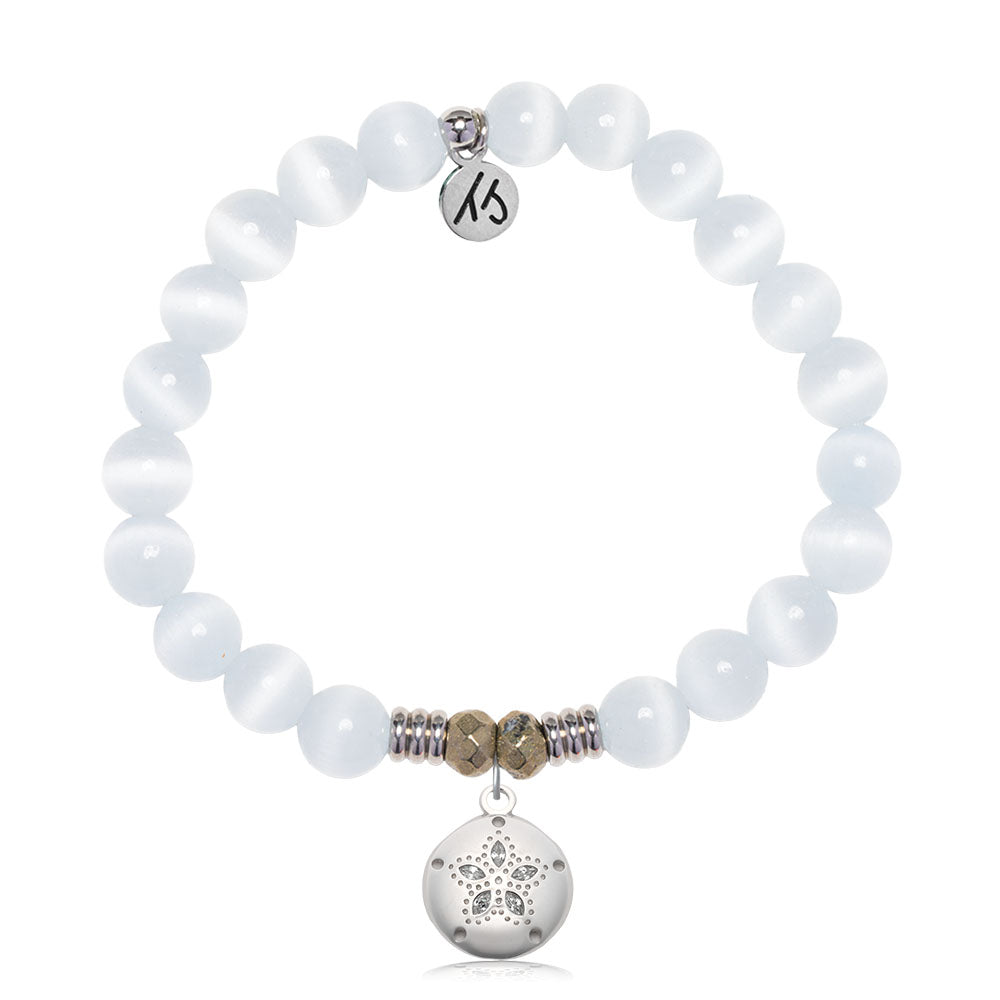 White Cats Eye Gemstone Bracelet with Sand Dollar CZ Sterling Silver Charm
