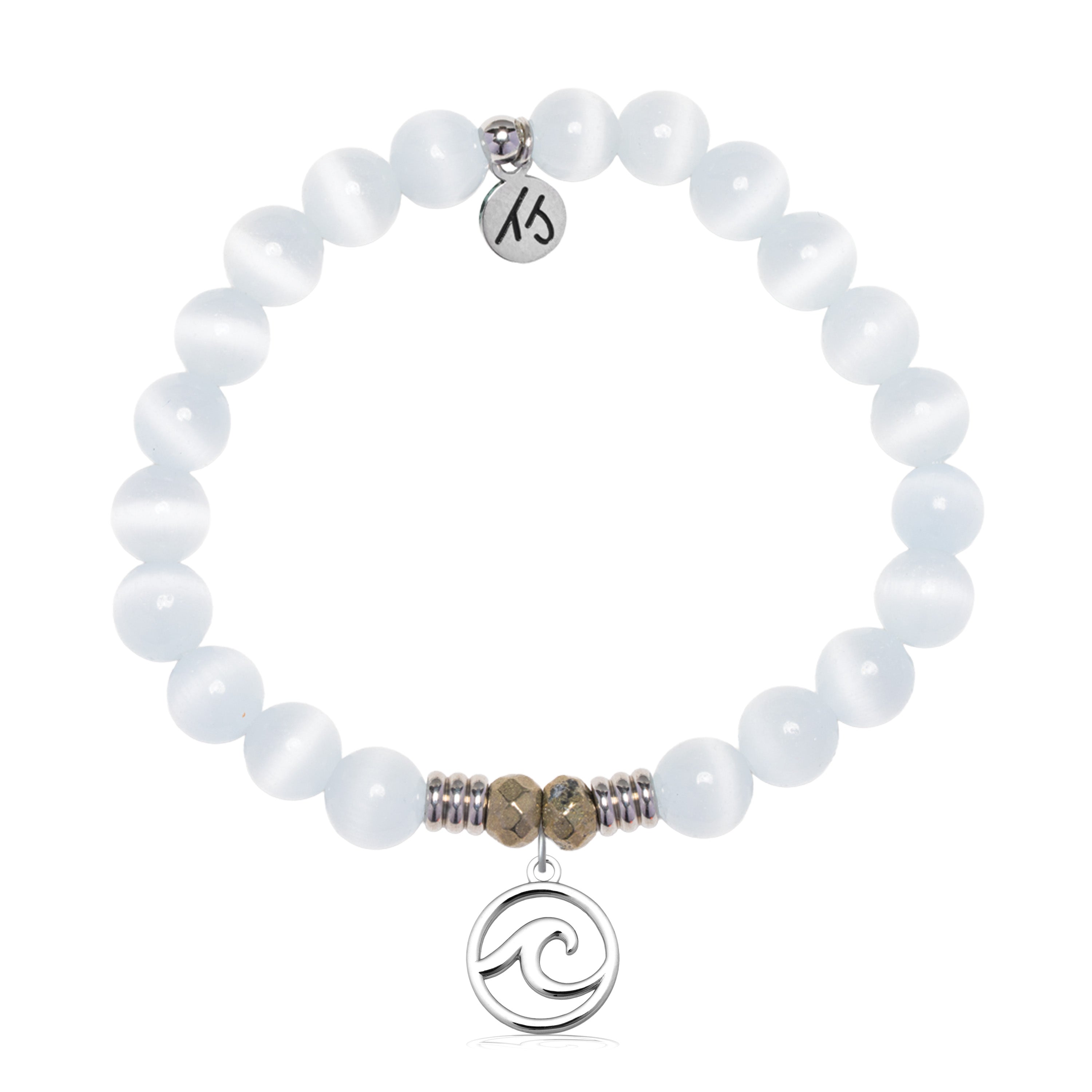 White Cats Eye Gemstone Bracelet with Wave Cutout Sterling Silver Charm