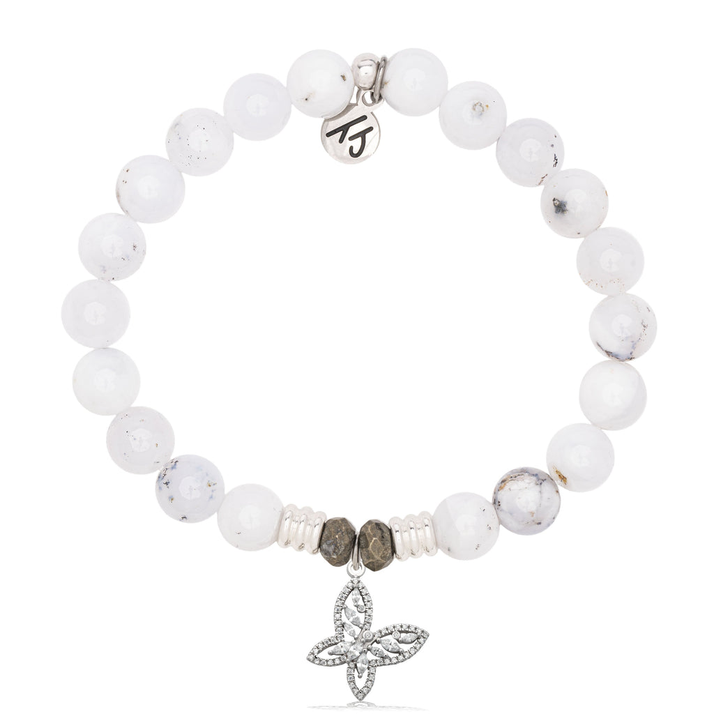 White Chalcedony Gemstone Bracelet with Butterfly CZ Sterling Silver Charm