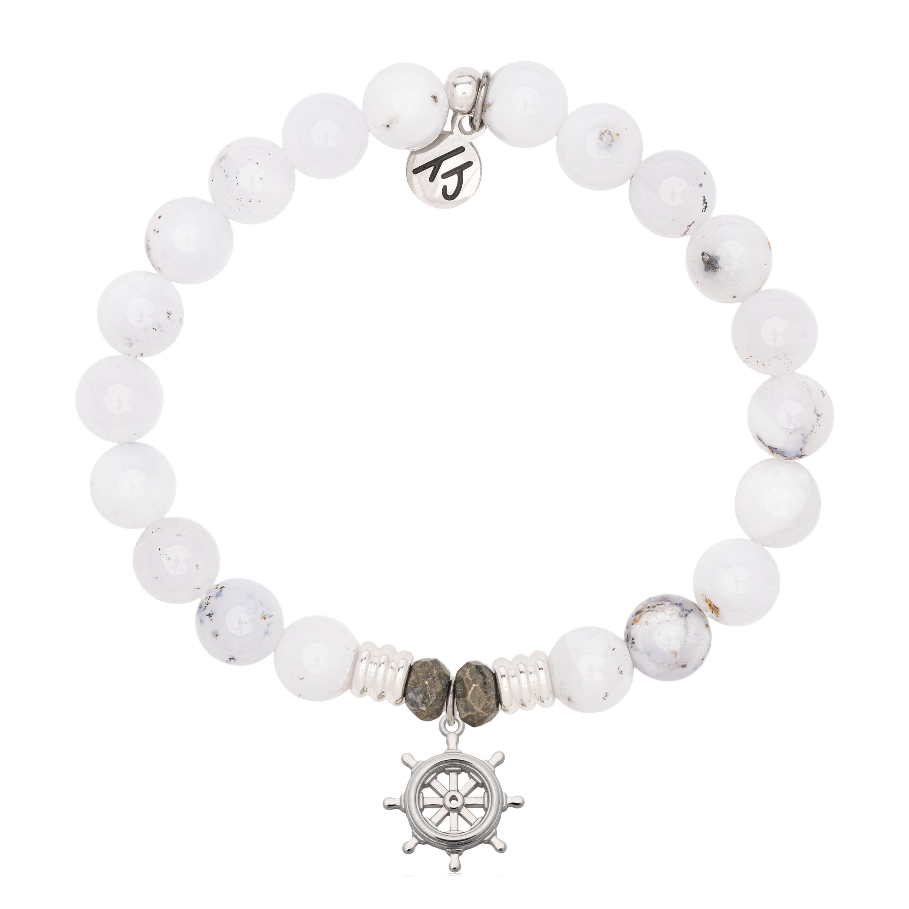 White Chalcedony Gemstone Bracelet with Captain Wheel Sterling Silver Charm