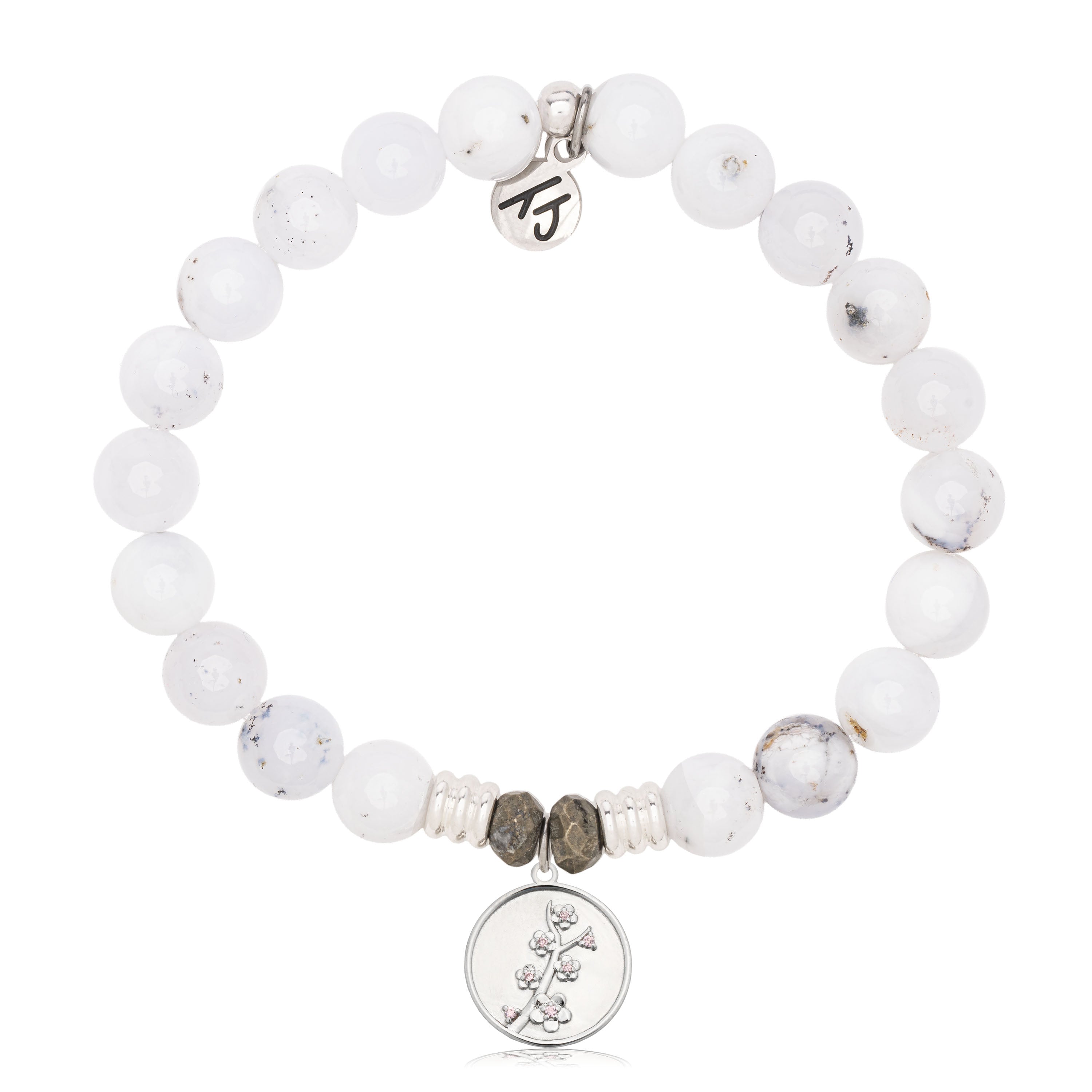 White Chalcedony Gemstone Bracelet with Cherry Blossom Sterling Silver Charm