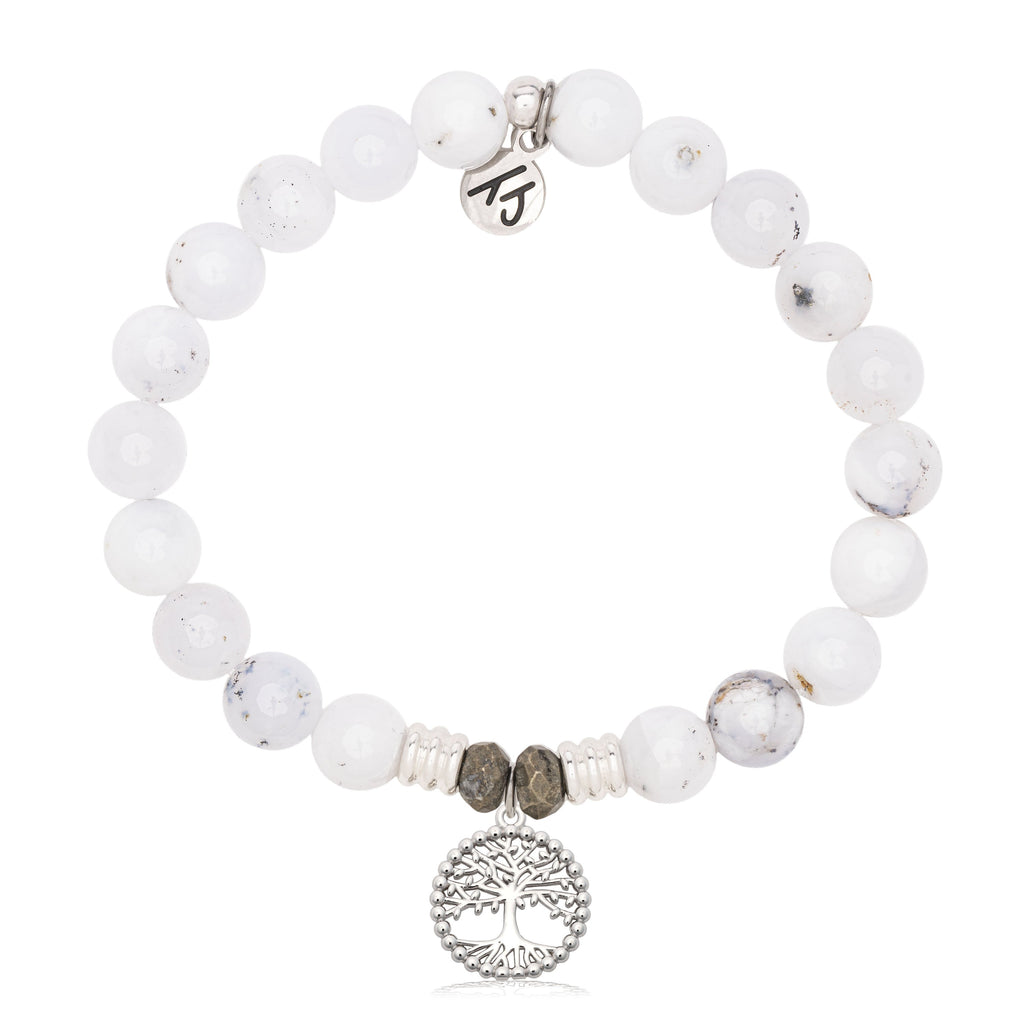 White Chalcedony Gemstone Bracelet with Family Tree Sterling Silver Charm