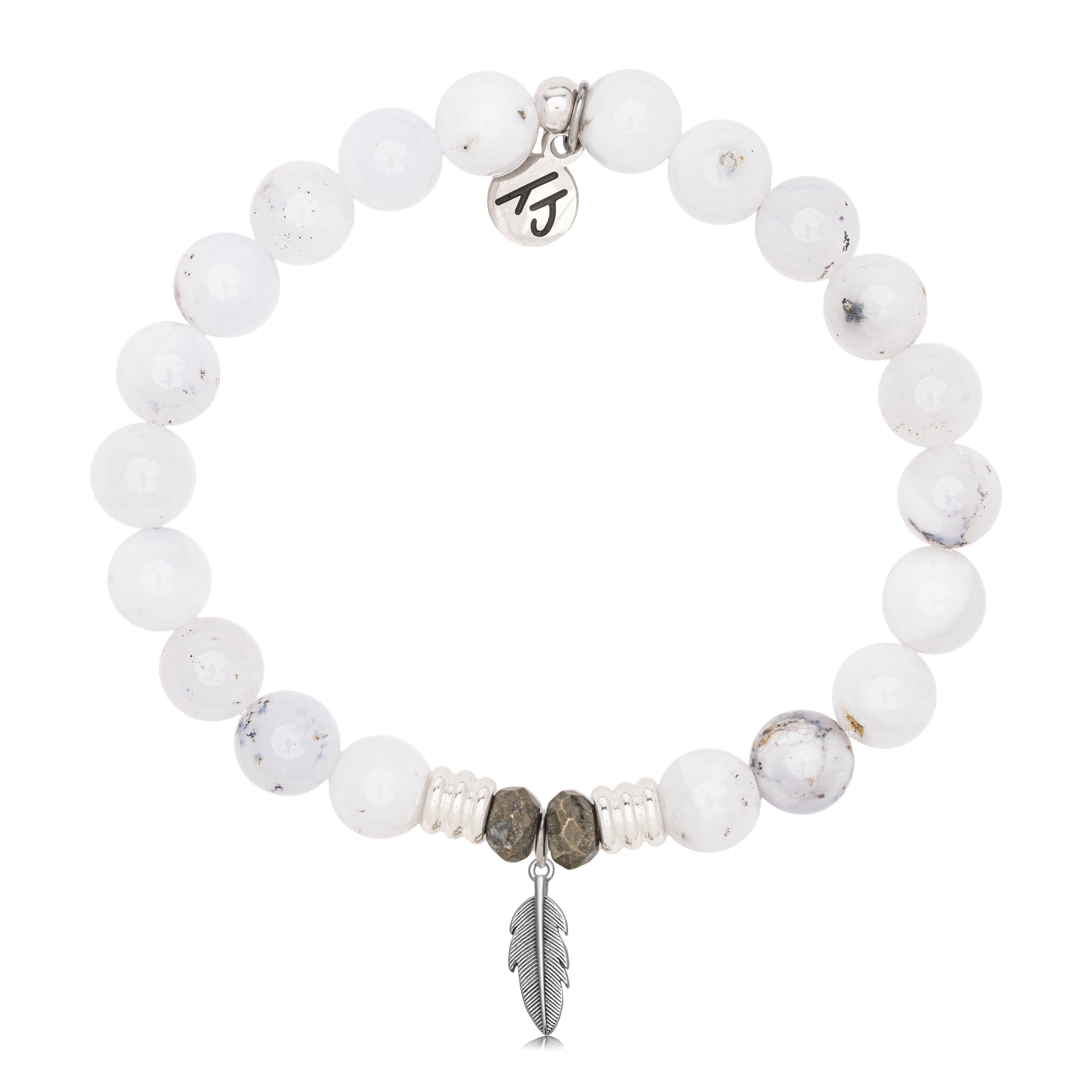 White Chalcedony Gemstone Bracelet with Feather Sterling Silver Charm