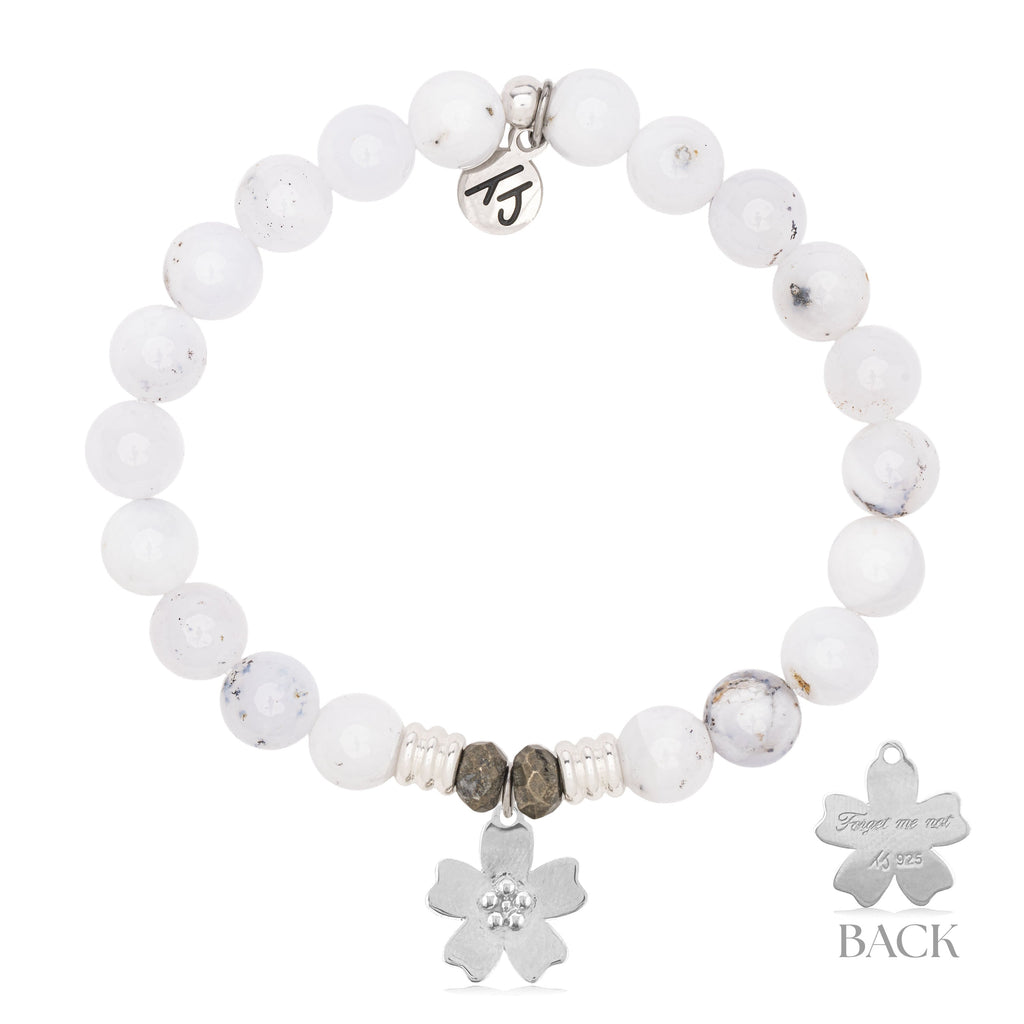 White Chalcedony Gemstone Bracelet with Forget Me Not Sterling Silver Charm