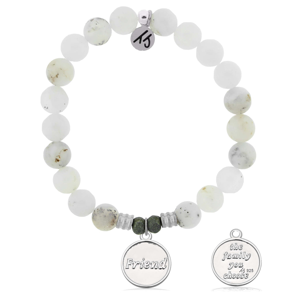 White Chalcedony Gemstone Bracelet with Friend the Family Sterling Silver Charm