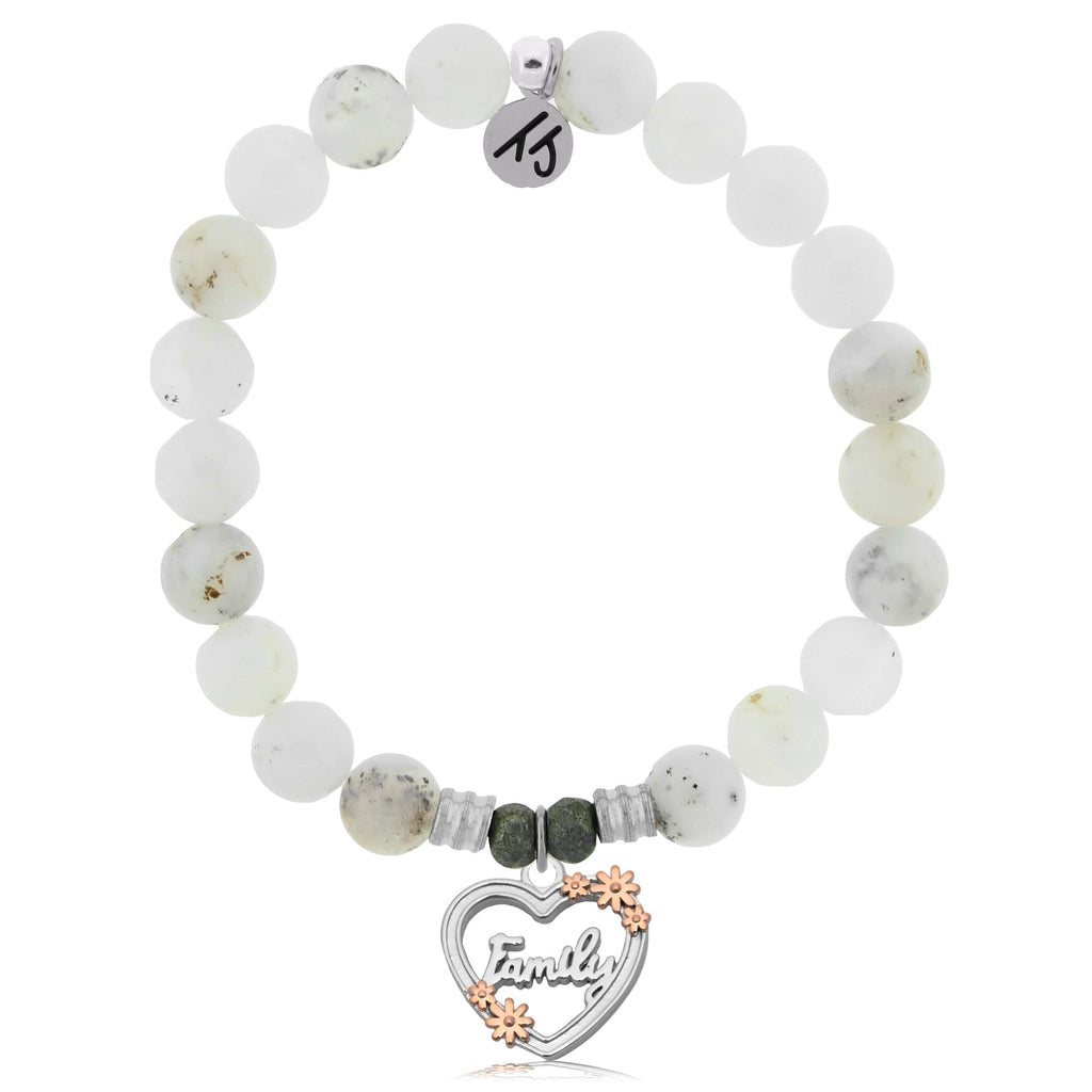 White Chalcedony Gemstone Bracelet with Heart Family Sterling Silver Charm