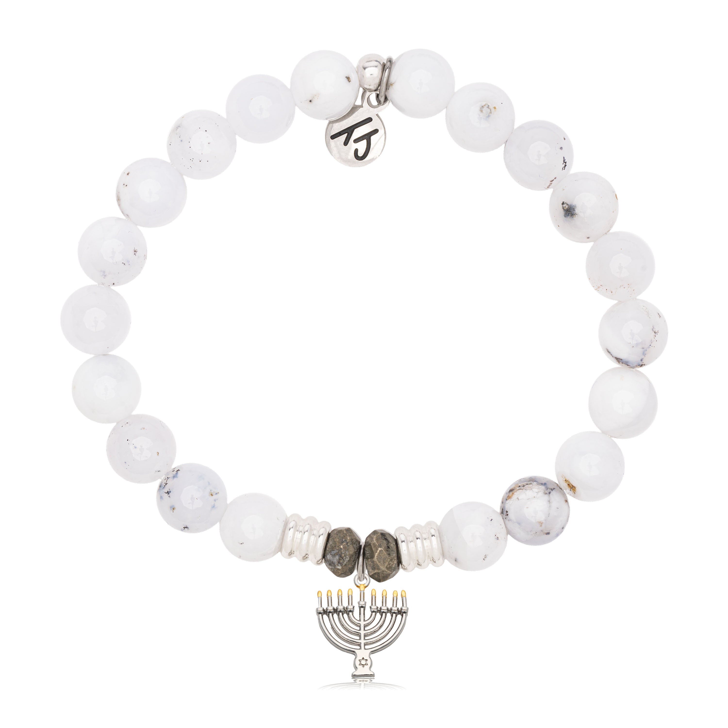 White Chalcedony Gemstone Bracelet with Menorah Sterling Silver Charm