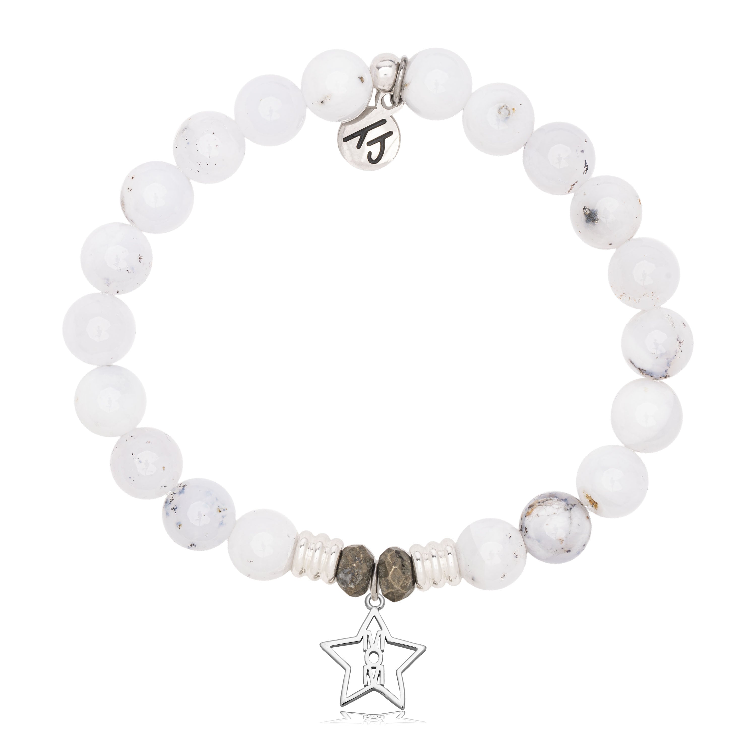 White Chalcedony Gemstone Bracelet with Mom Star Sterling Silver Charm