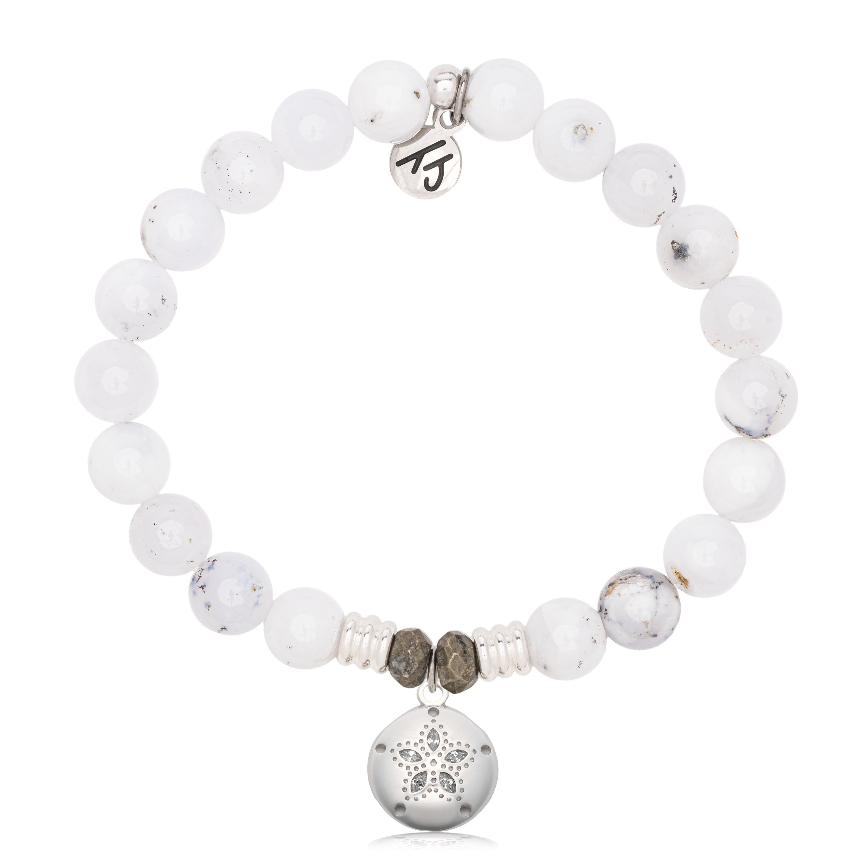 White Chalcedony Gemstone Bracelet with Sand Dollar CZ Sterling Silver Charm