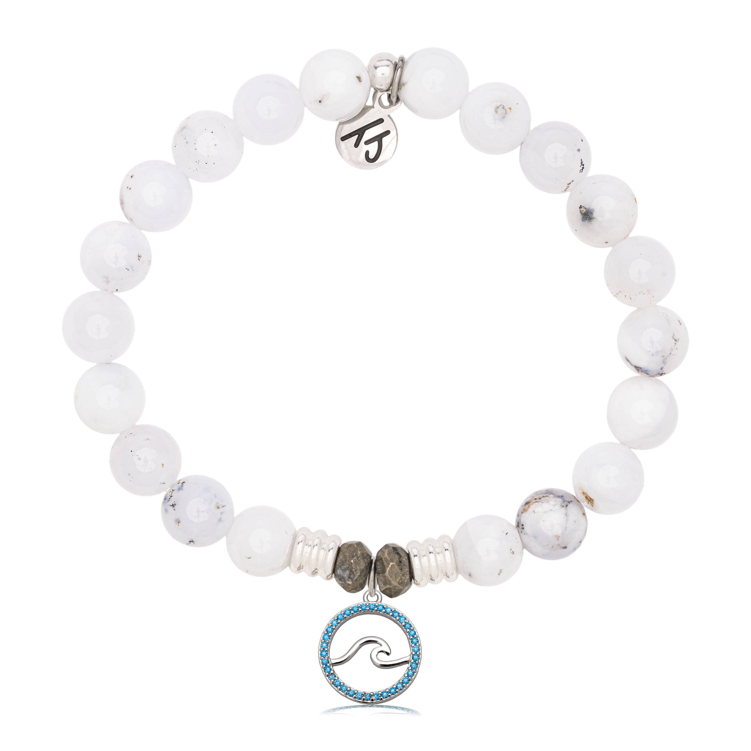 White Chalcedony Gemstone Bracelet with Serenity Wave Sterling Silver Charm