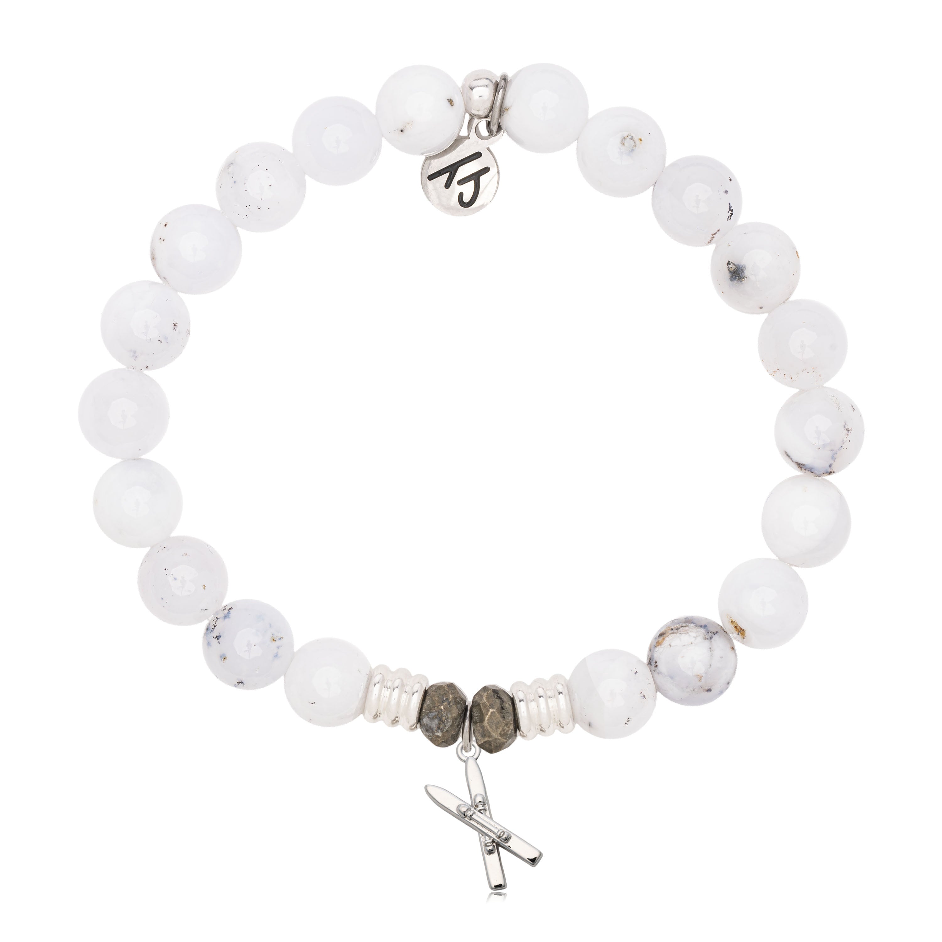 White Chalcedony Gemstone Bracelet with Skis Sterling Silver Charm