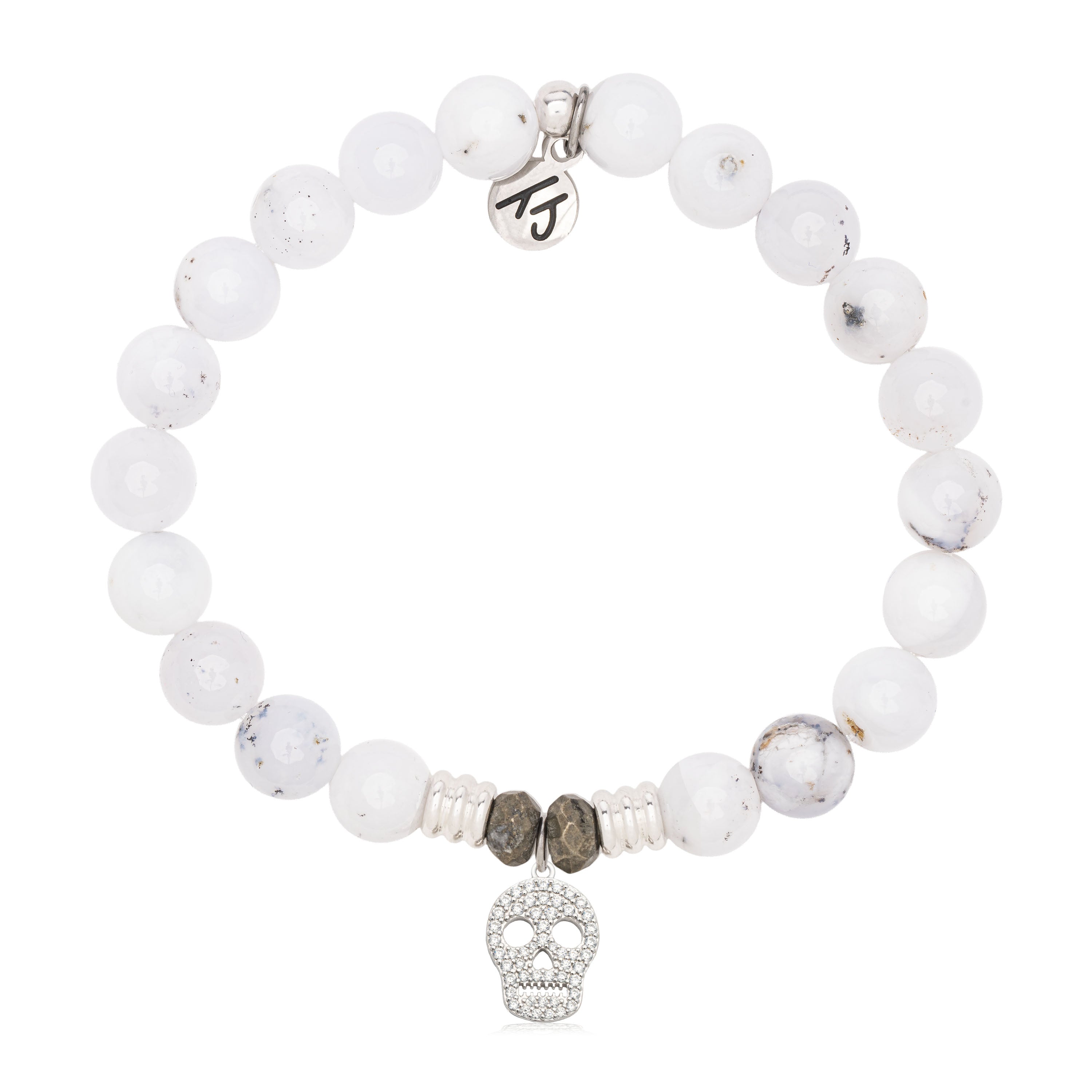 White Chalcedony Gemstone Bracelet with Skull CZ Sterling Silver Charm