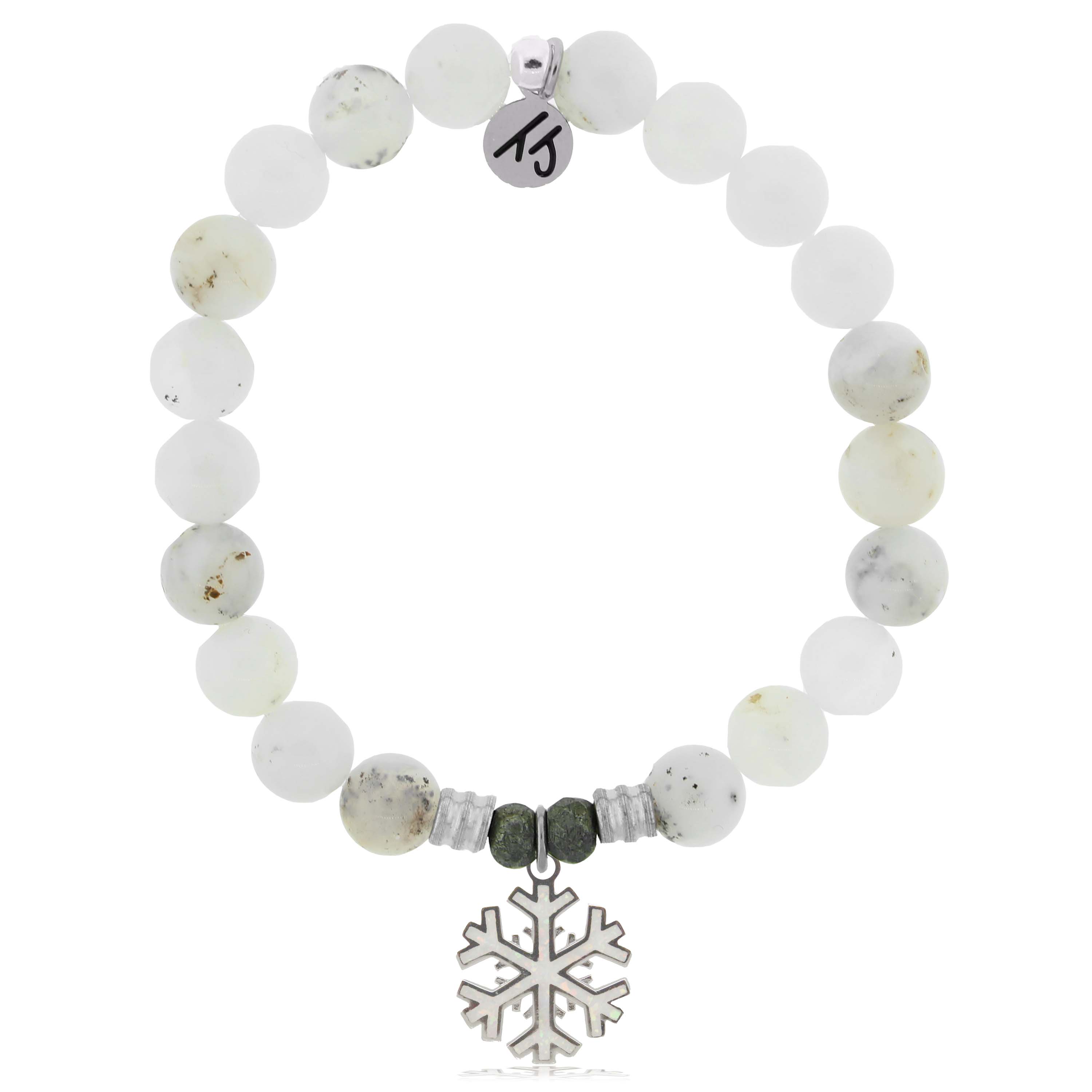 White Chalcedony Gemstone Bracelet with Snowflake Opal Sterling Silver Charm
