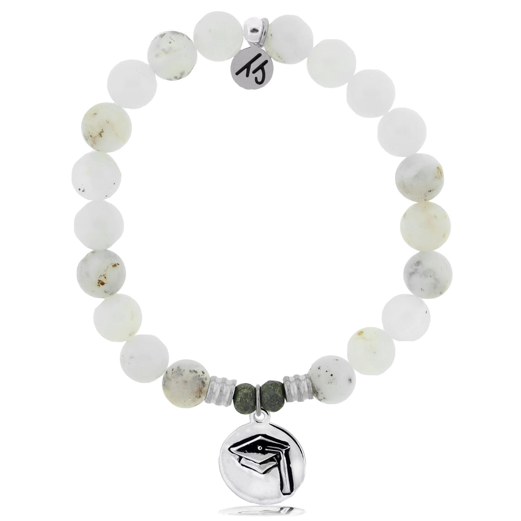White Chalcedony Stone Bracelet with Grad Cap Sterling Silver Charm