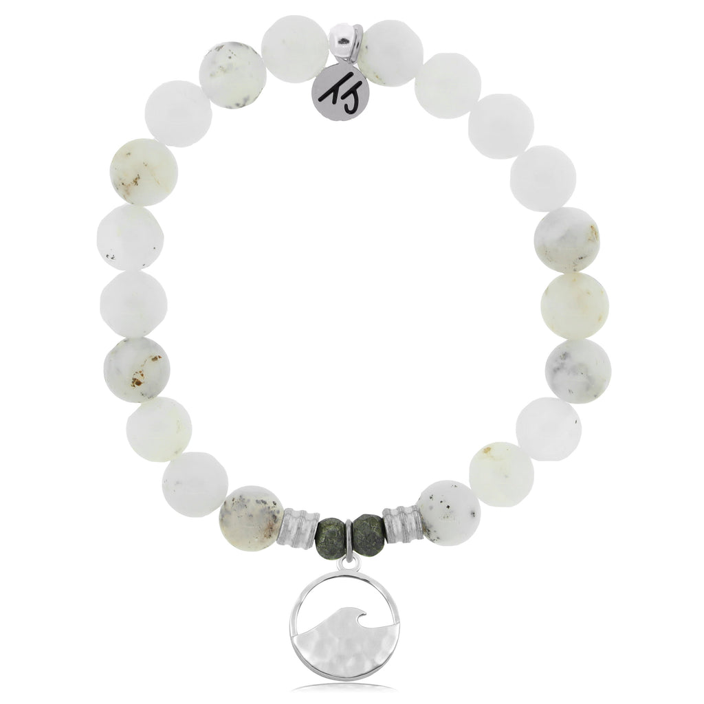White Chalcedony Stone Bracelet with Hammered Waves Sterling Silver Charm