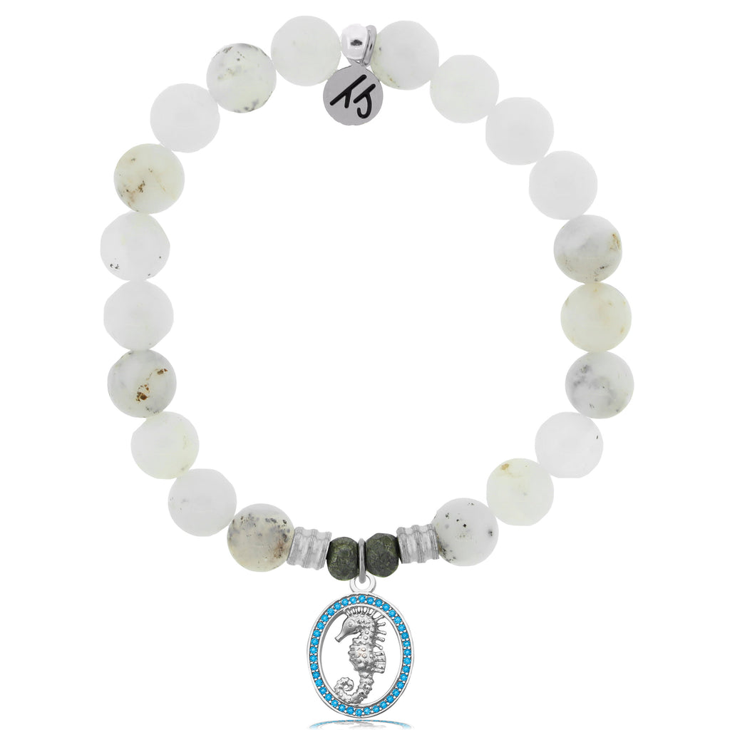 White Chalcedony Stone Bracelet with Seahorse Sterling Silver Charm