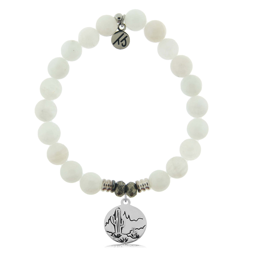 White Moonstone Gemstone Bracelet with Cactus Sterling Silver Charm