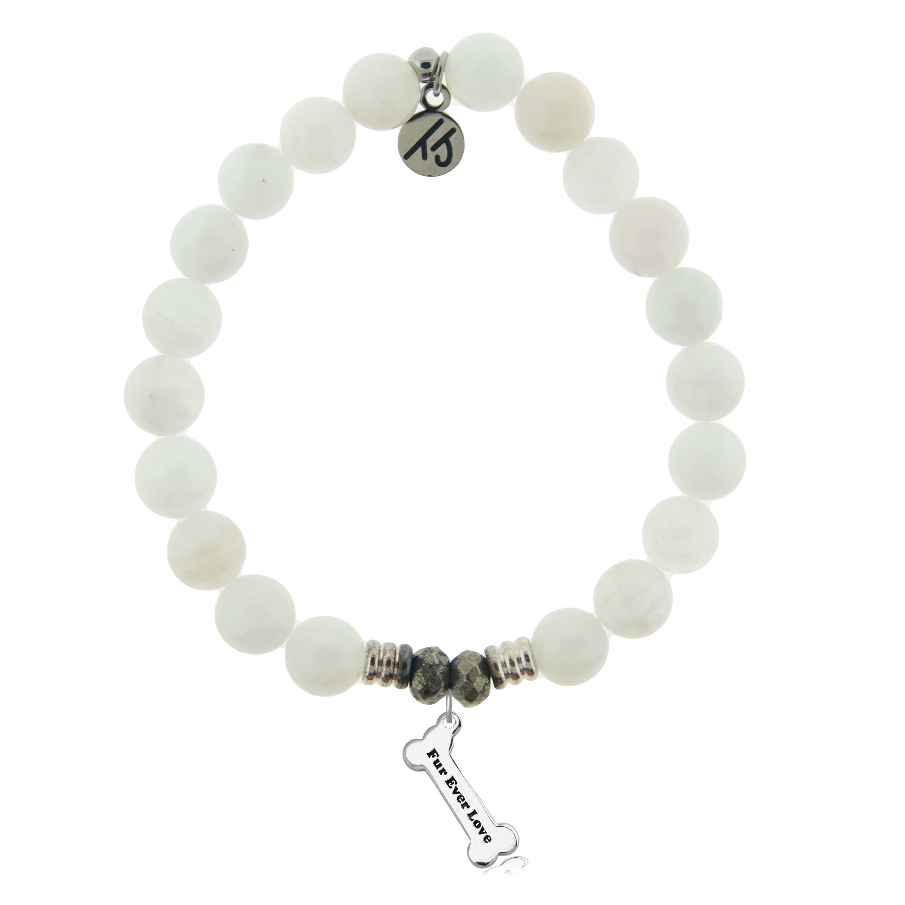 White Moonstone Gemstone Bracelet with Fur Ever Love Sterling Silver Charm