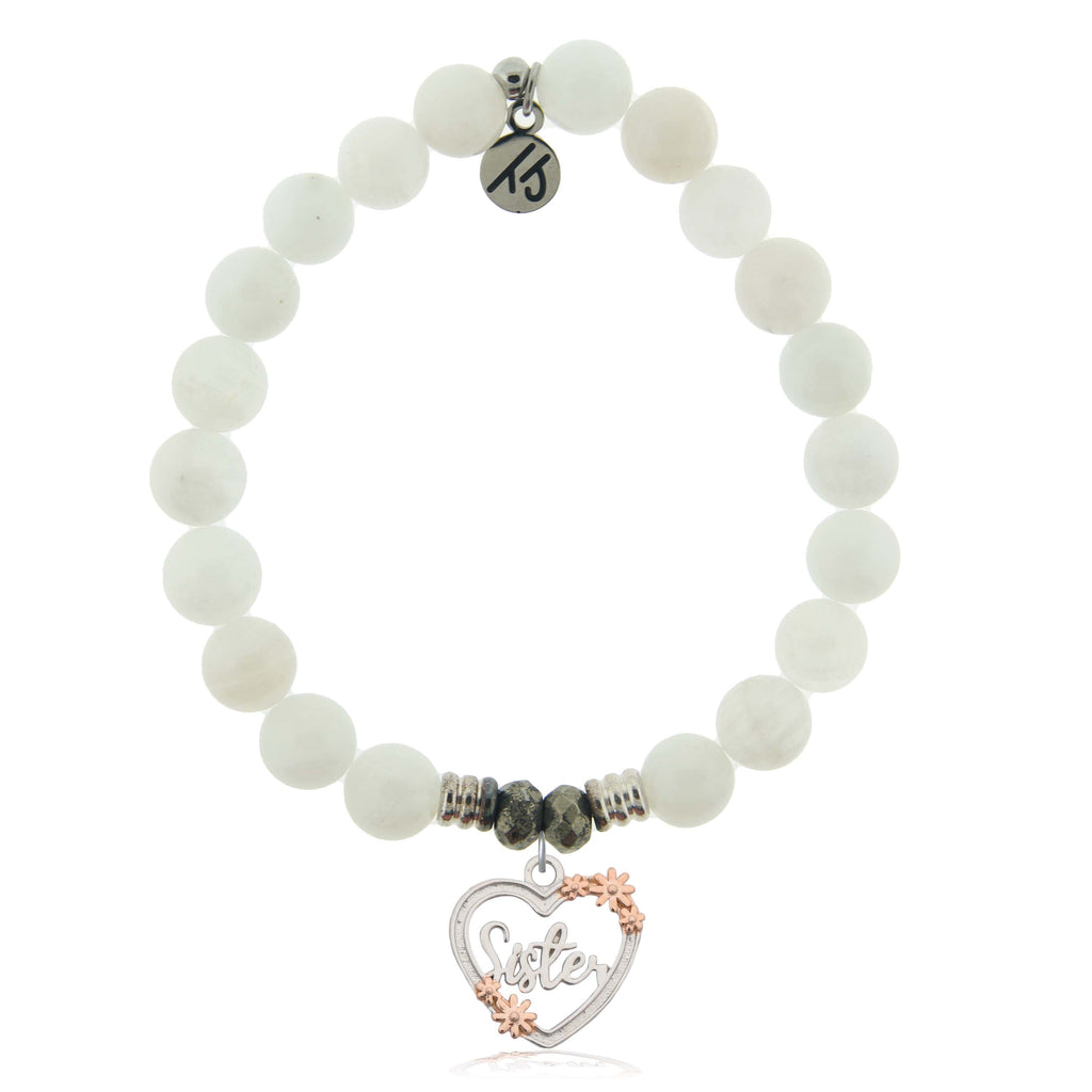 White Moonstone Gemstone Bracelet with Heart Sister Sterling Silver Charm