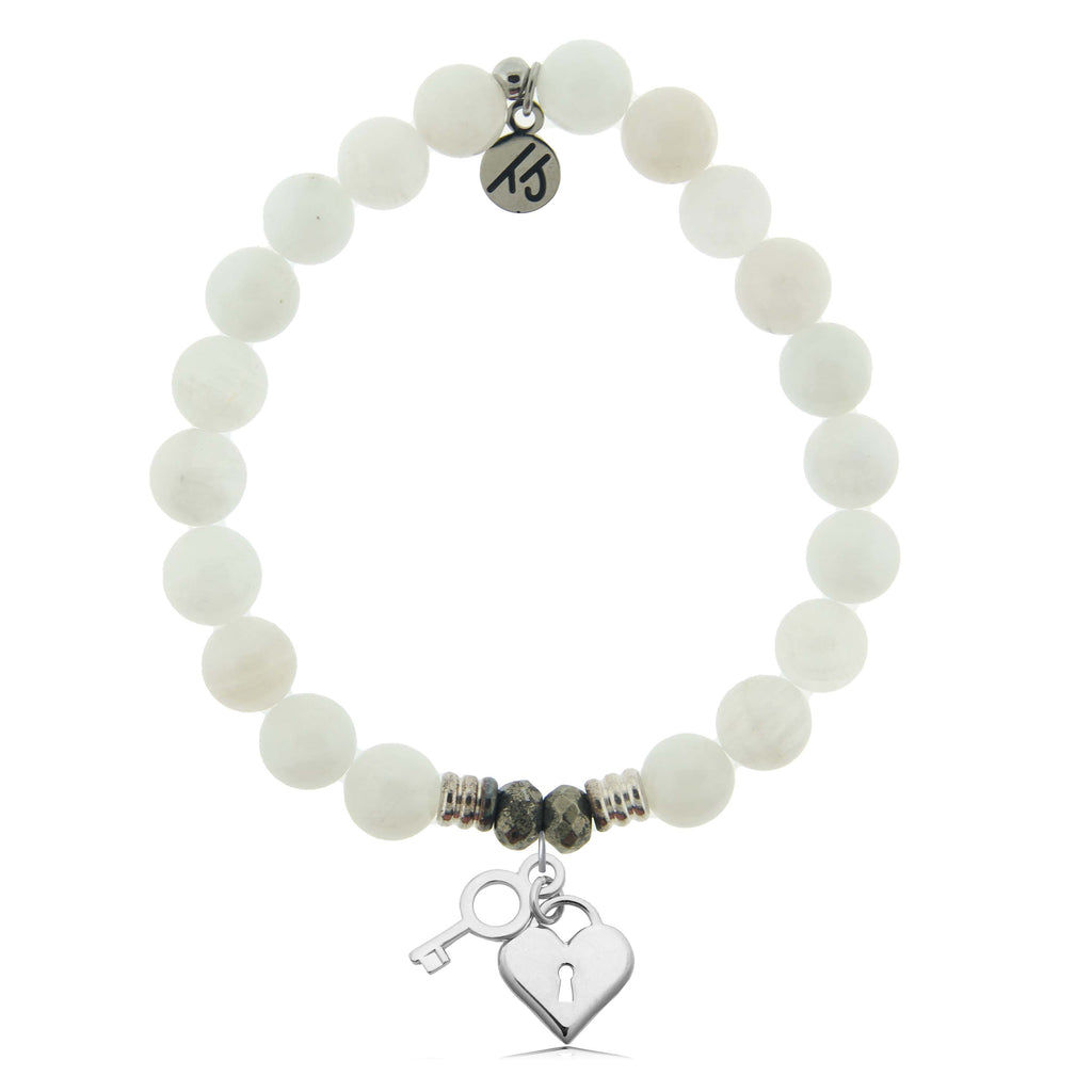 White Moonstone Gemstone Bracelet with Key to My Heart Sterling Silver Charm
