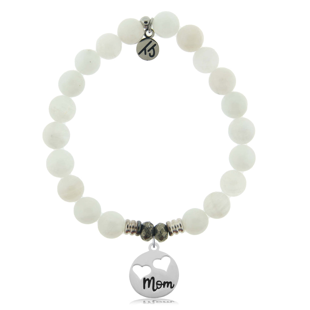 White Moonstone Gemstone Bracelet with Mom Hearts Sterling Silver Charm