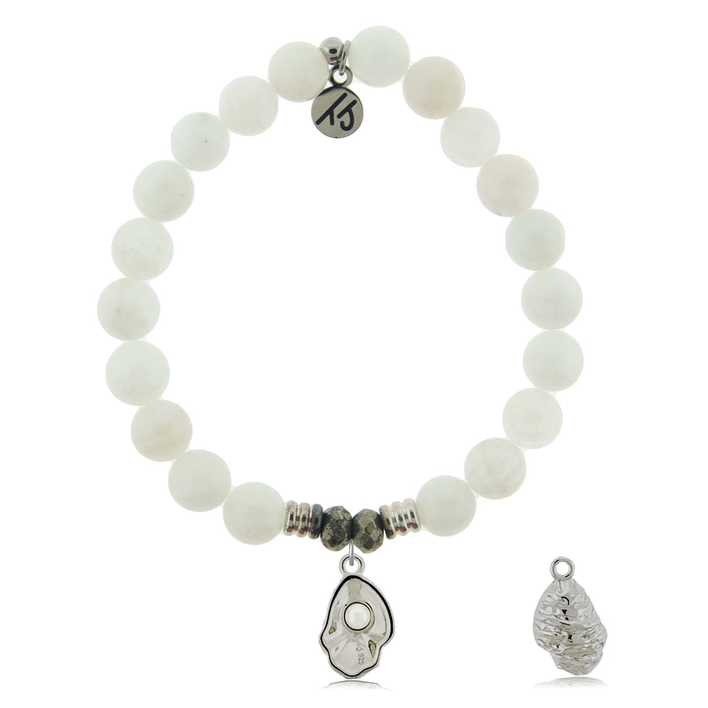 White Moonstone Gemstone Bracelet with Oyster Sterling Silver Charm