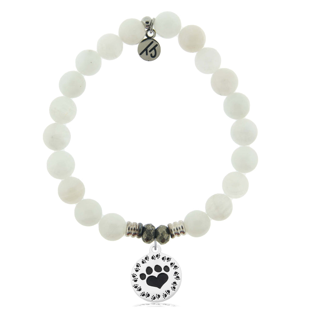 White Moonstone Gemstone Bracelet with Paw Print Sterling Silver Charm