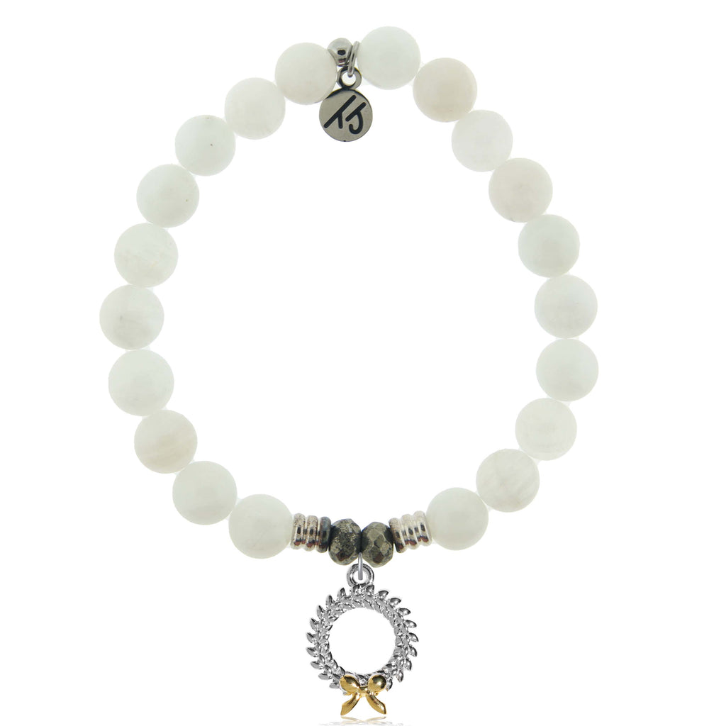 White Moonstone Gemstone Bracelet with Wreath Sterling Silver Charm
