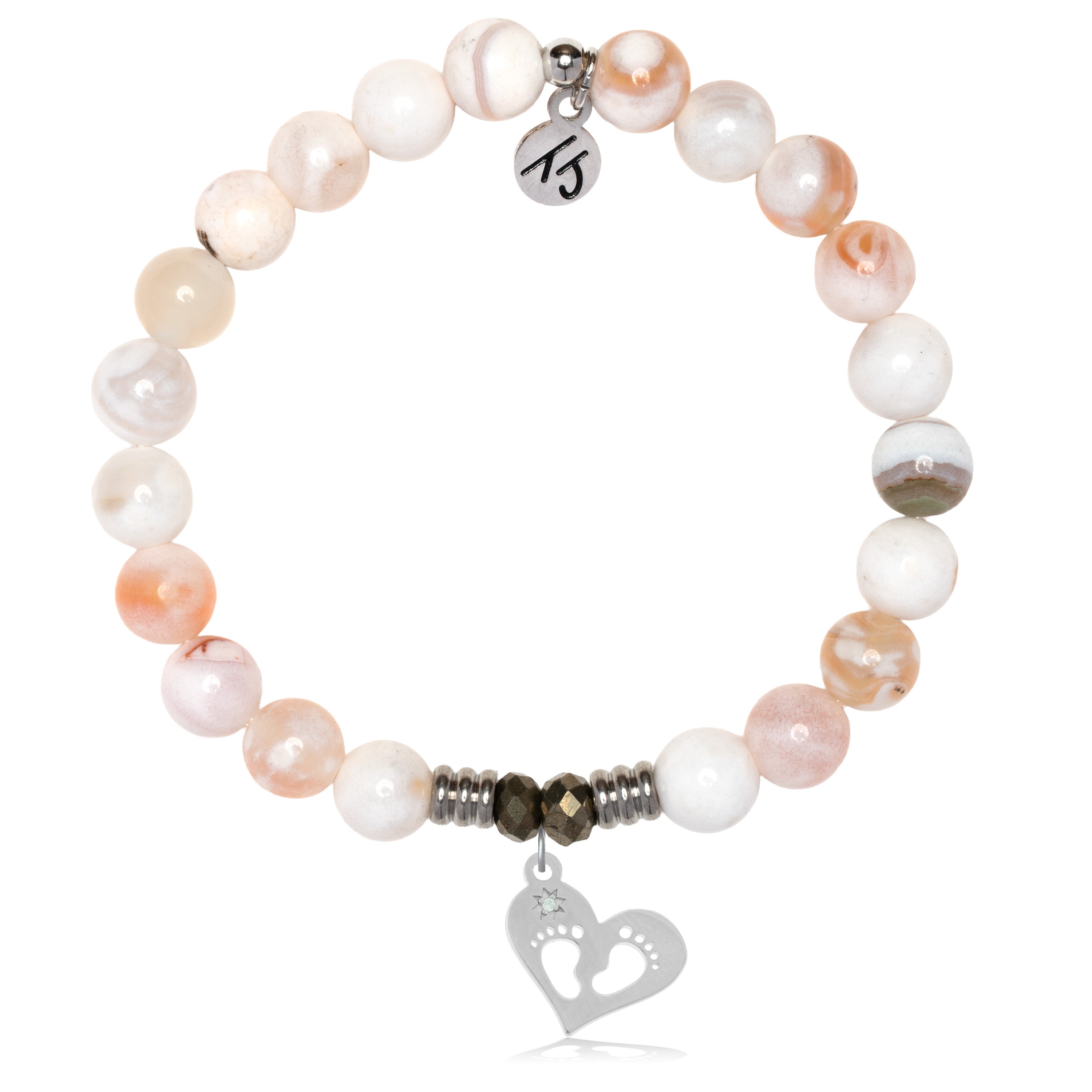 White Natural Agate Gemstone Bracelet with Baby Feet Sterling Silver Charm