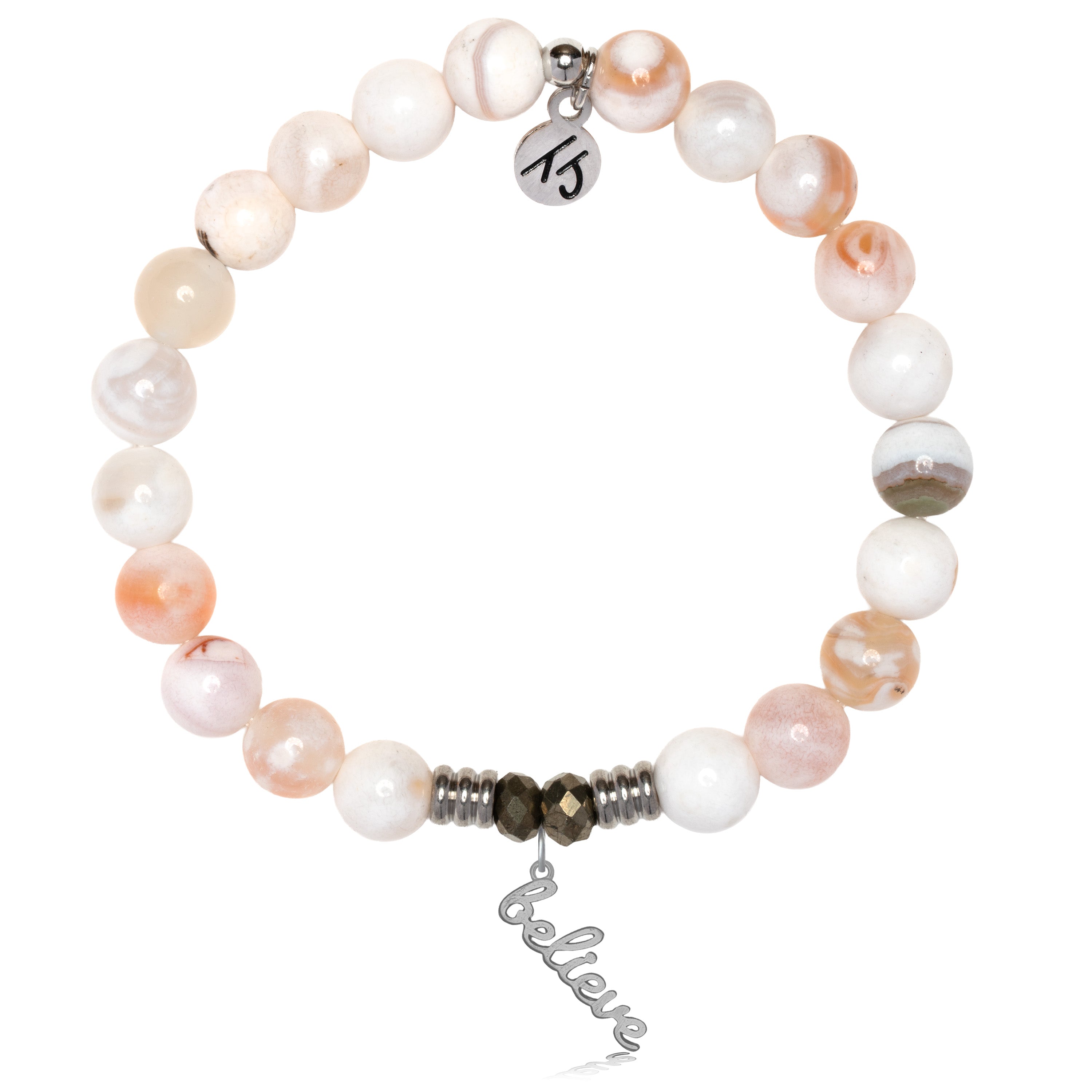 White Natural Agate Gemstone Bracelet with Believe in Yourself Sterling Silver Charm