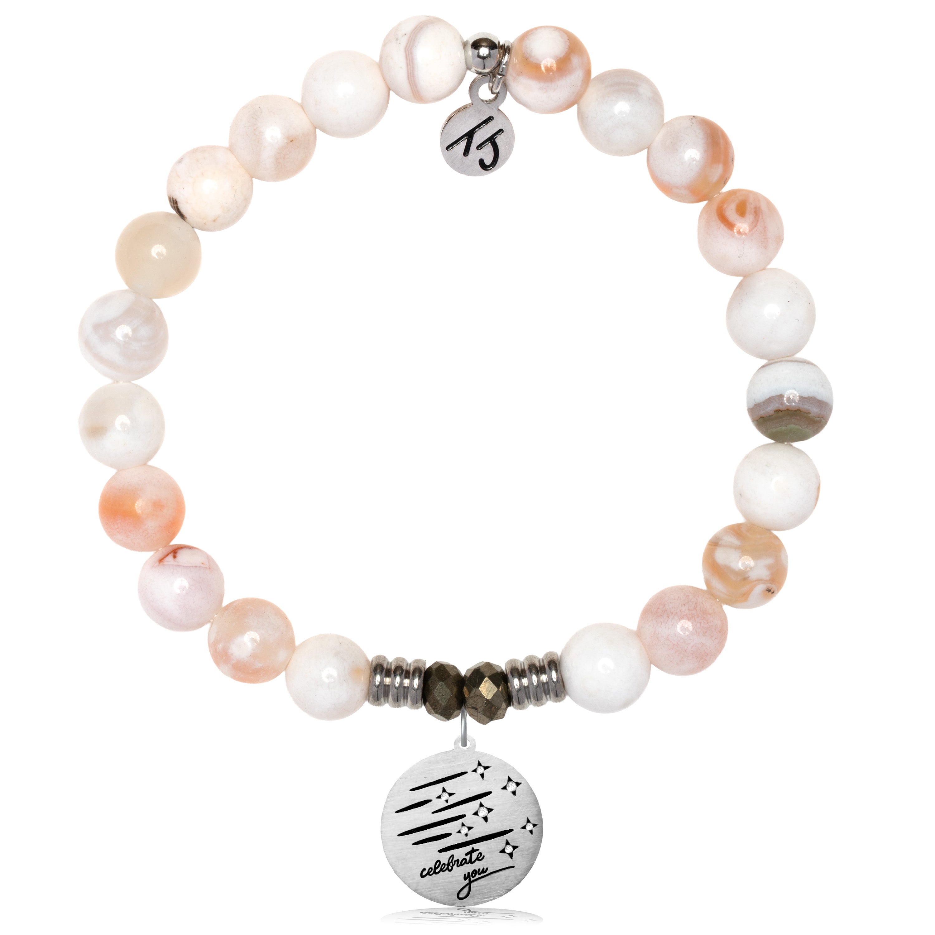 White Natural Agate Gemstone Bracelet with Birthday Wishes Sterling Silver Charm