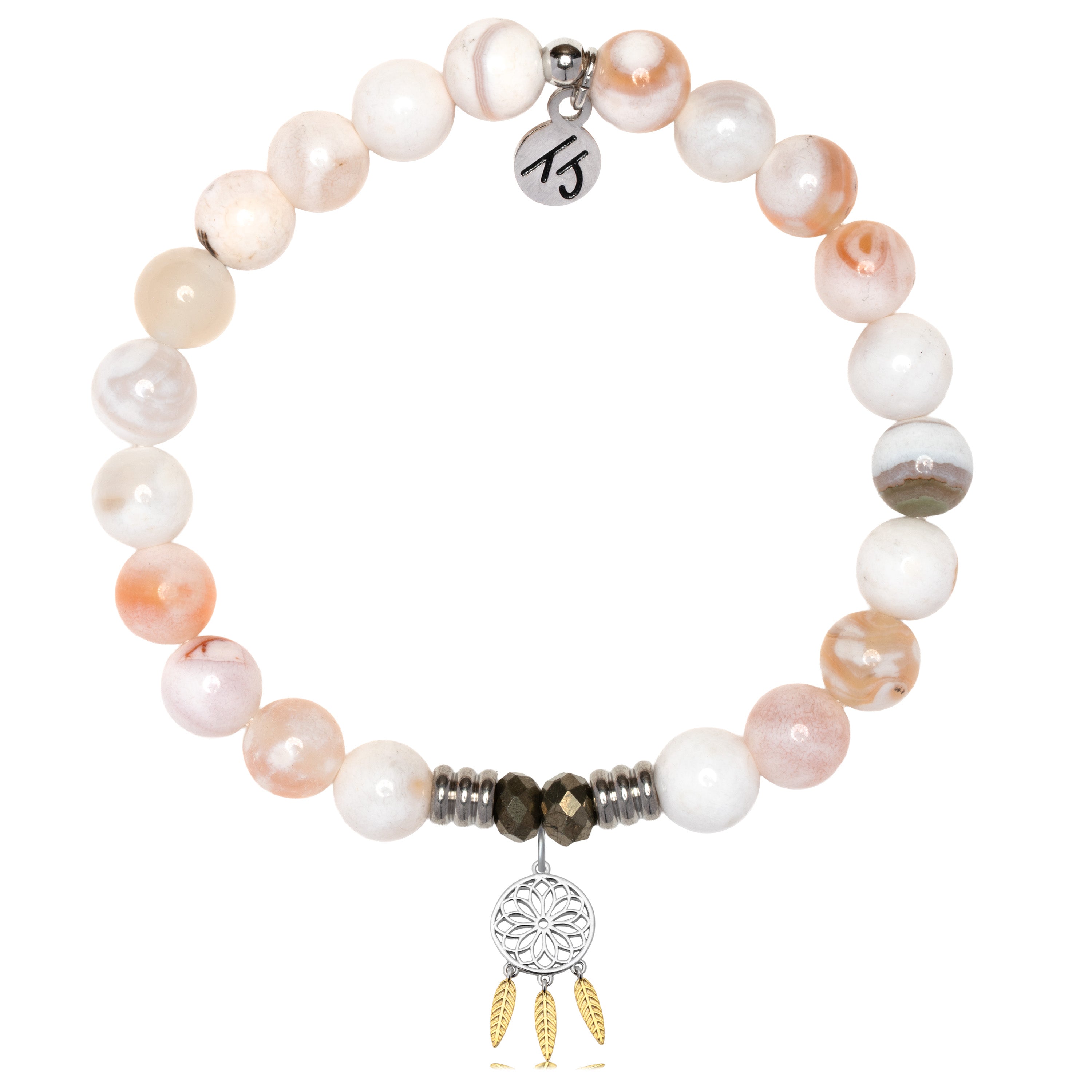 White Natural Agate Gemstone Bracelet with Dream Catcher Sterling Silver Charm
