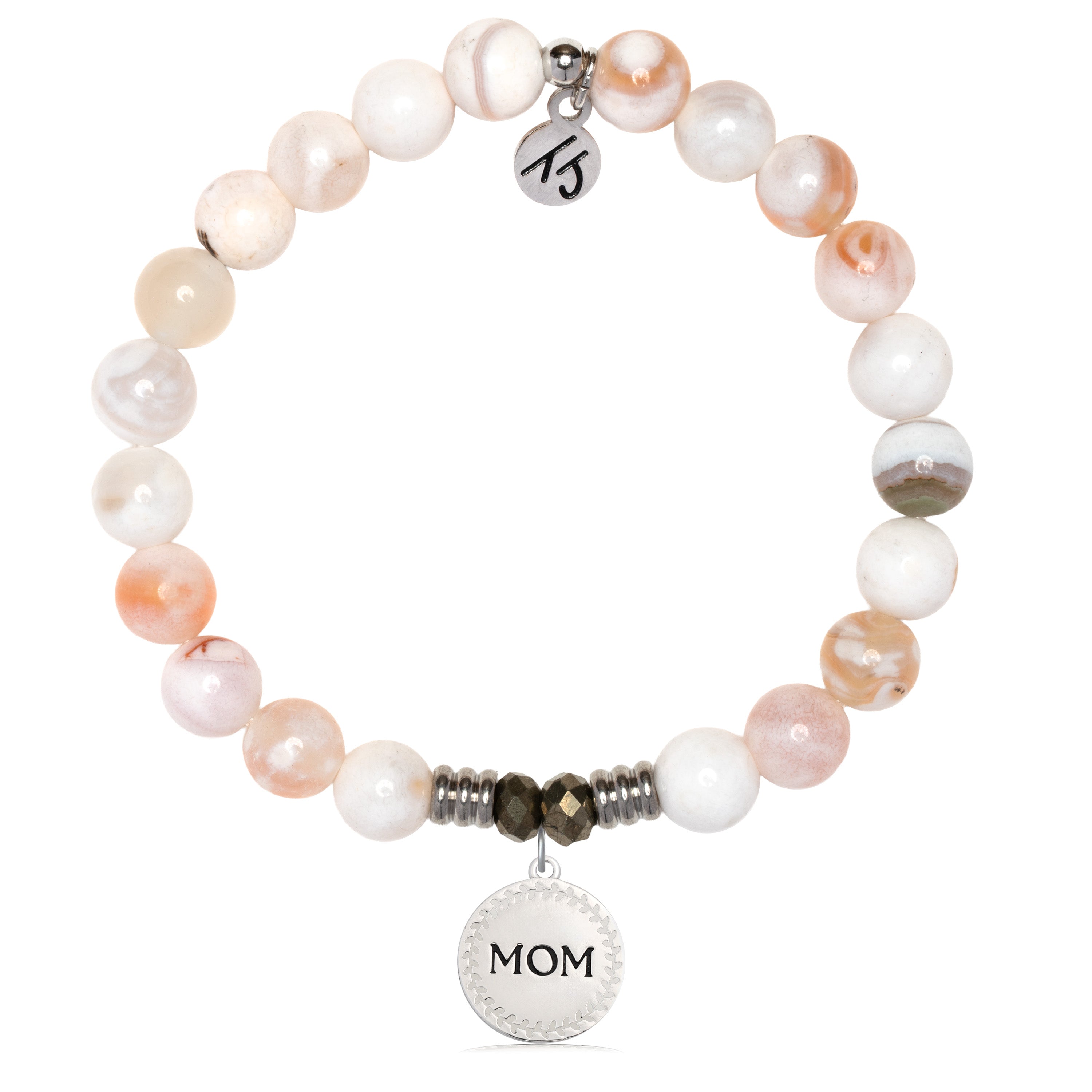 White Natural Agate Gemstone Bracelet with Endless Love Mom Sterling Silver Charm