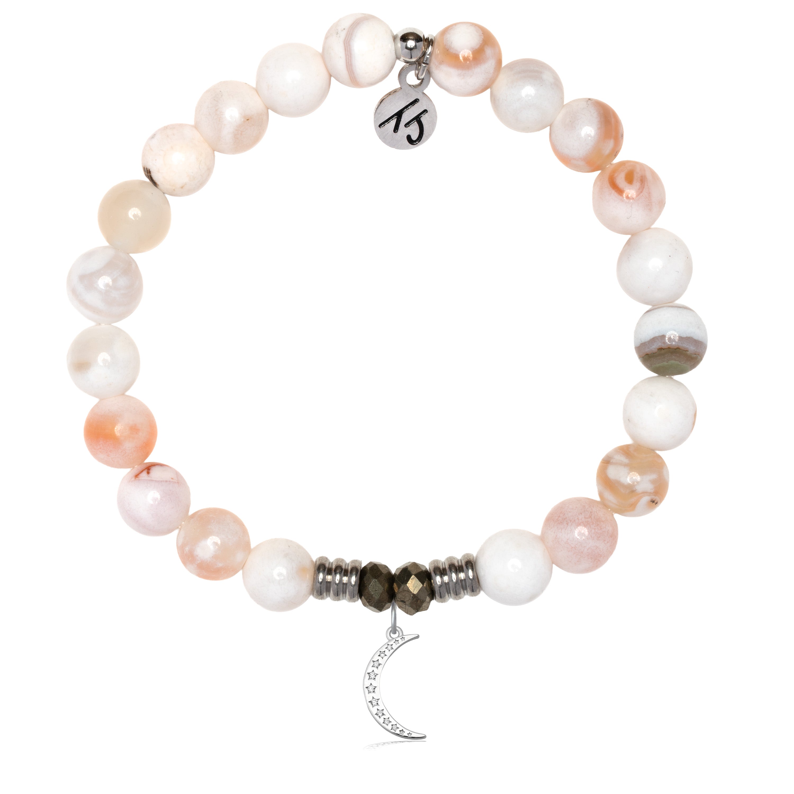 White Natural Agate Gemstone Bracelet with Friendship Moon Sterling Silver Charm