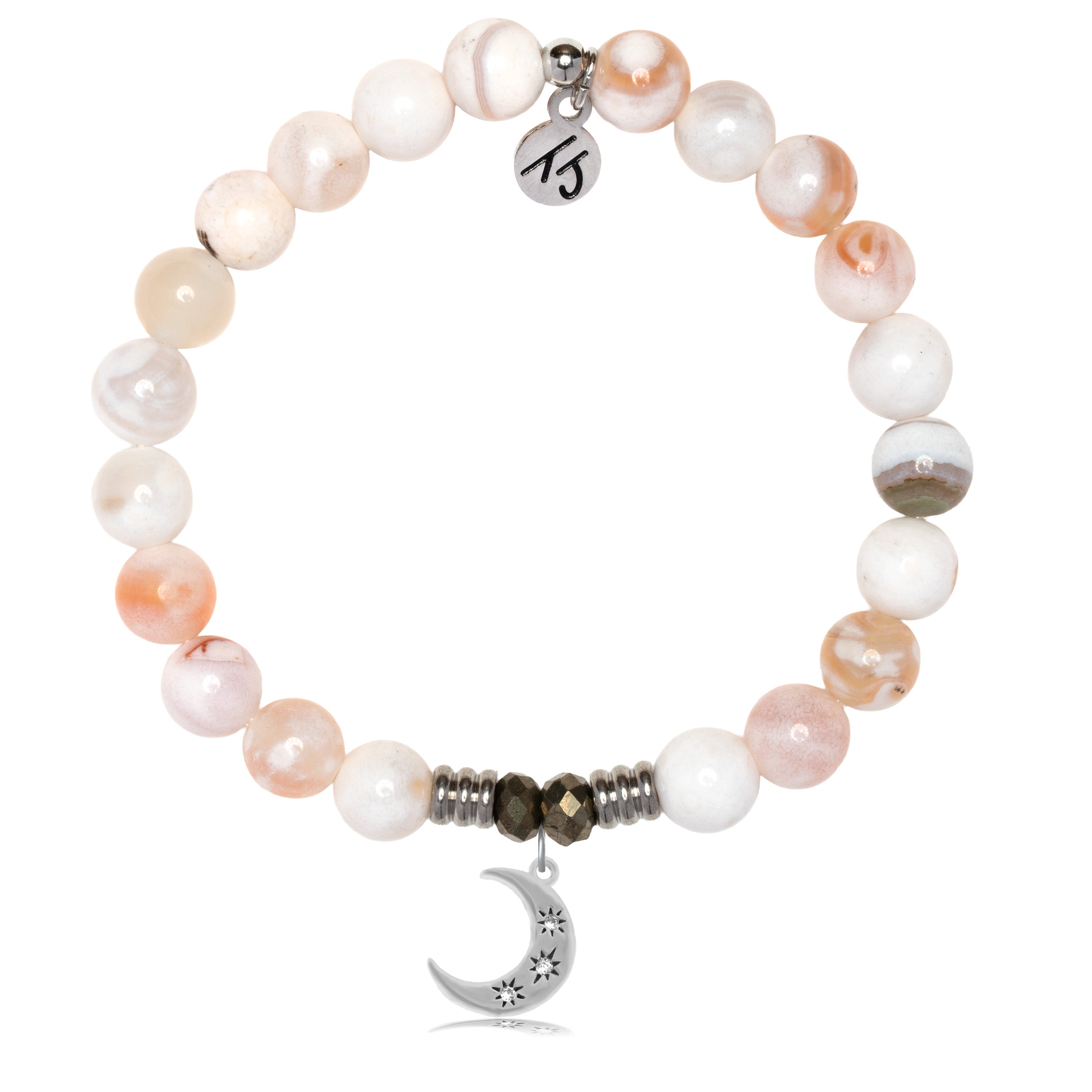 White Natural Agate Gemstone Bracelet with Friendship Stars Sterling Silver Charm
