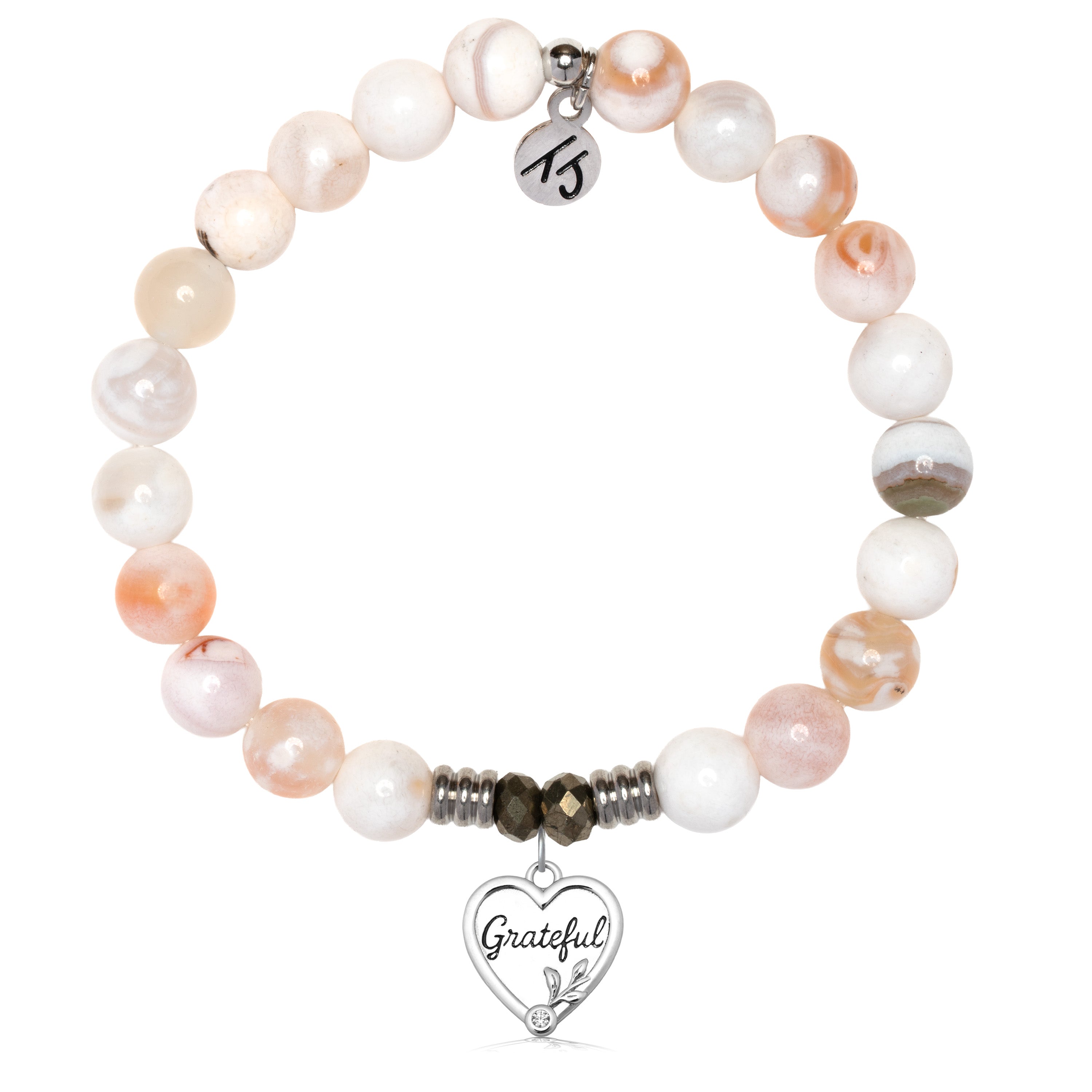 White Natural Agate Gemstone Bracelet with Grateful Sterling Silver Charm