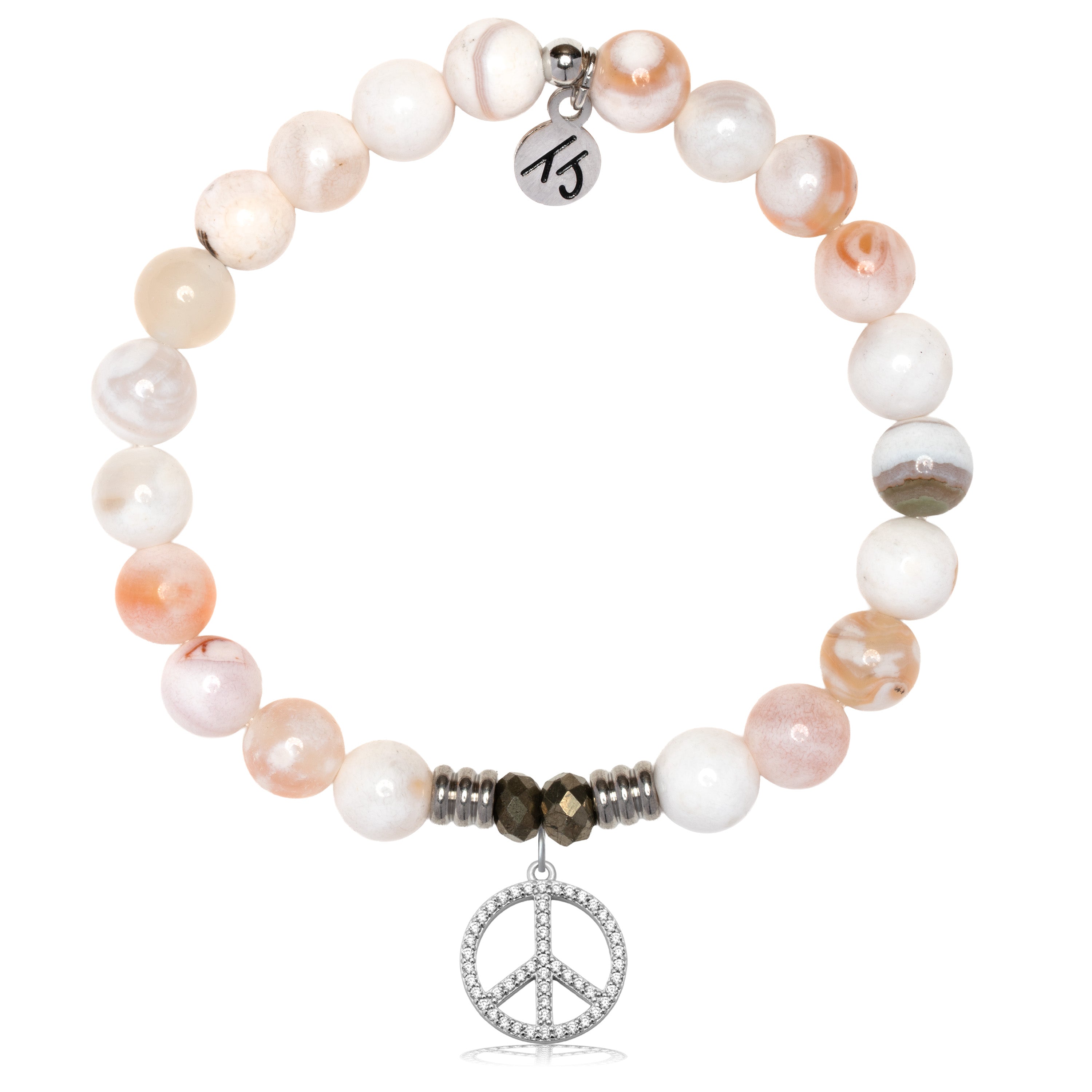 White Natural Agate Gemstone Bracelet with Peace CZ Sterling Silver Charm