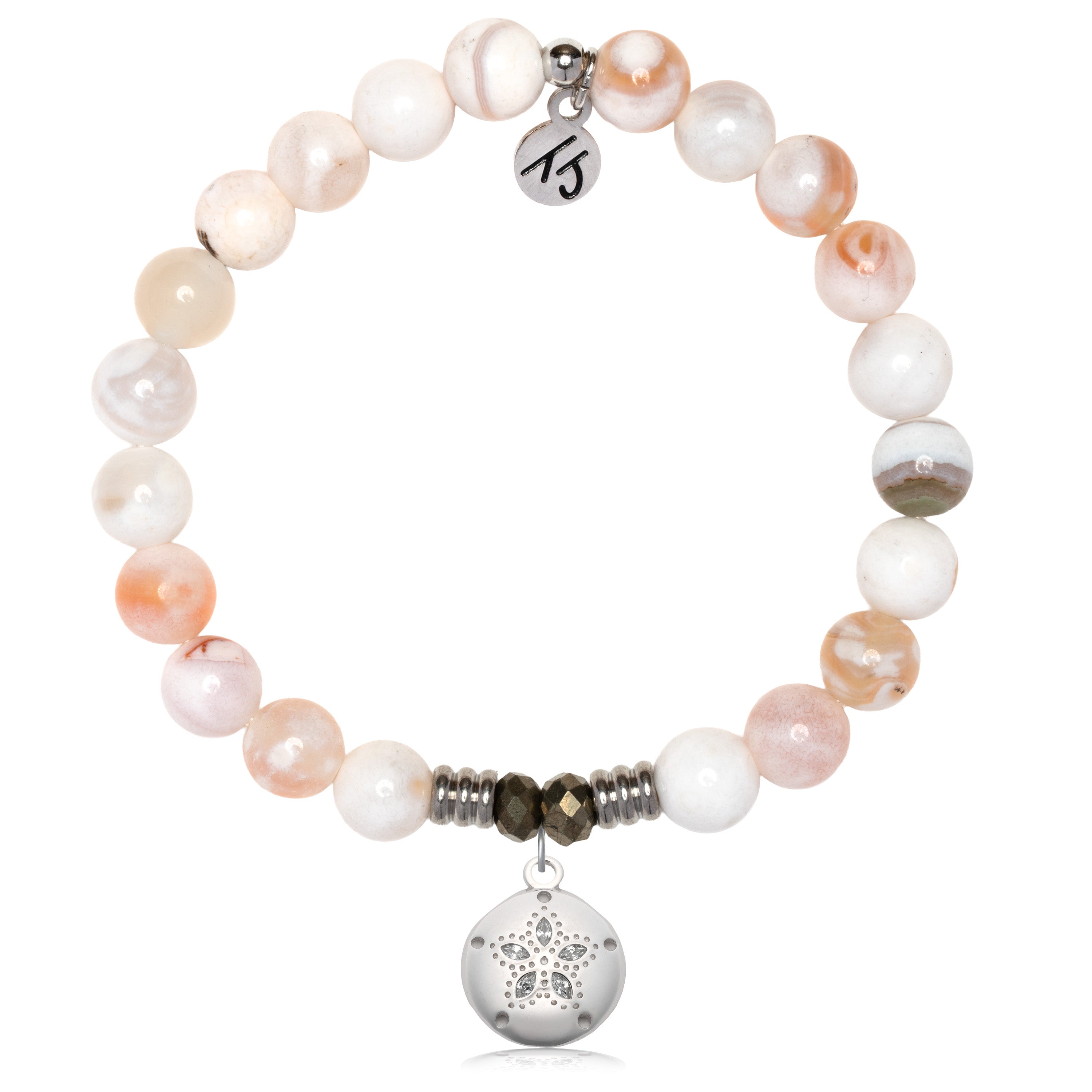 White Natural Agate Gemstone Bracelet with Sand Dollar CZ Sterling Silver Charm