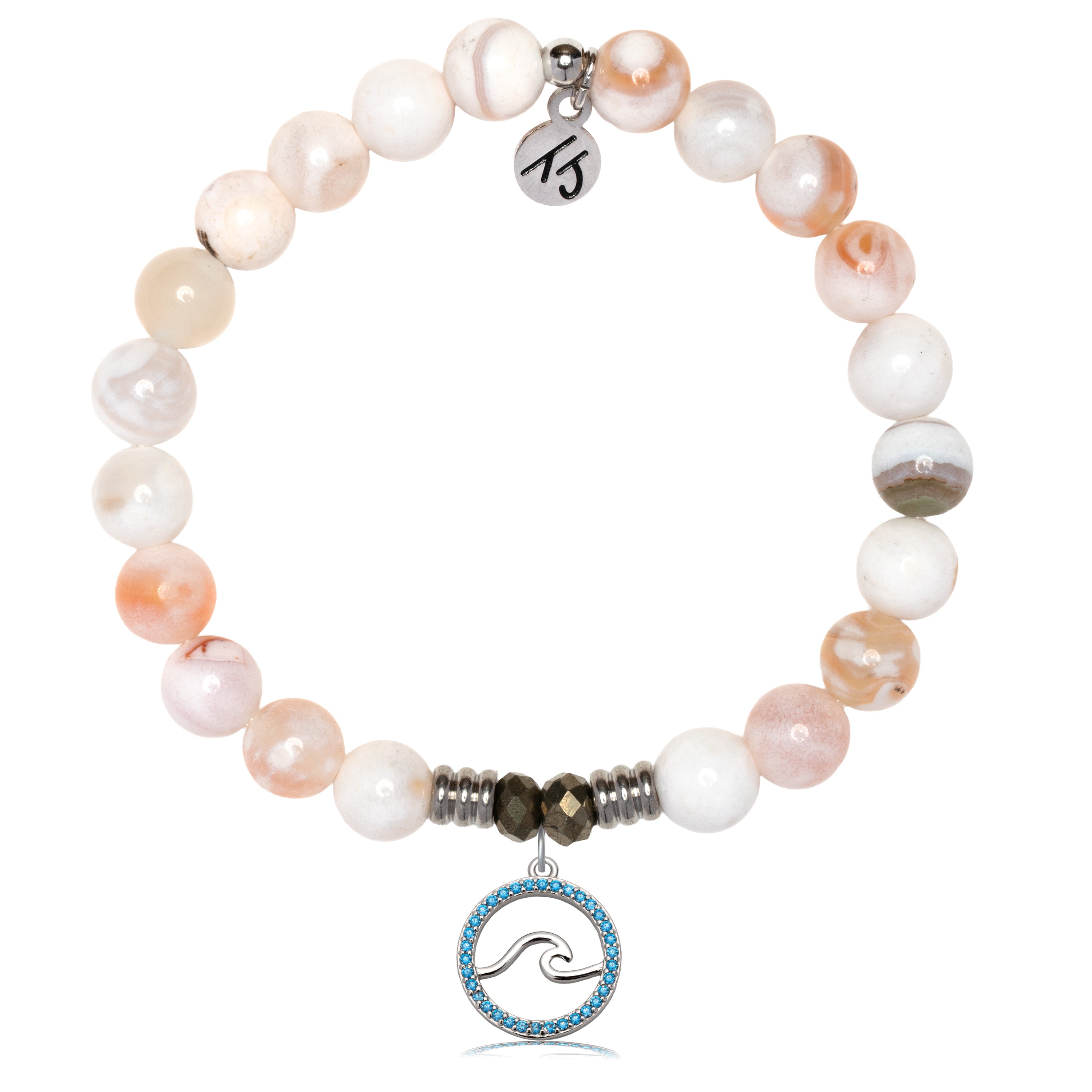 White Natural Agate Gemstone Bracelet with Serenity Wave Sterling Silver Charm