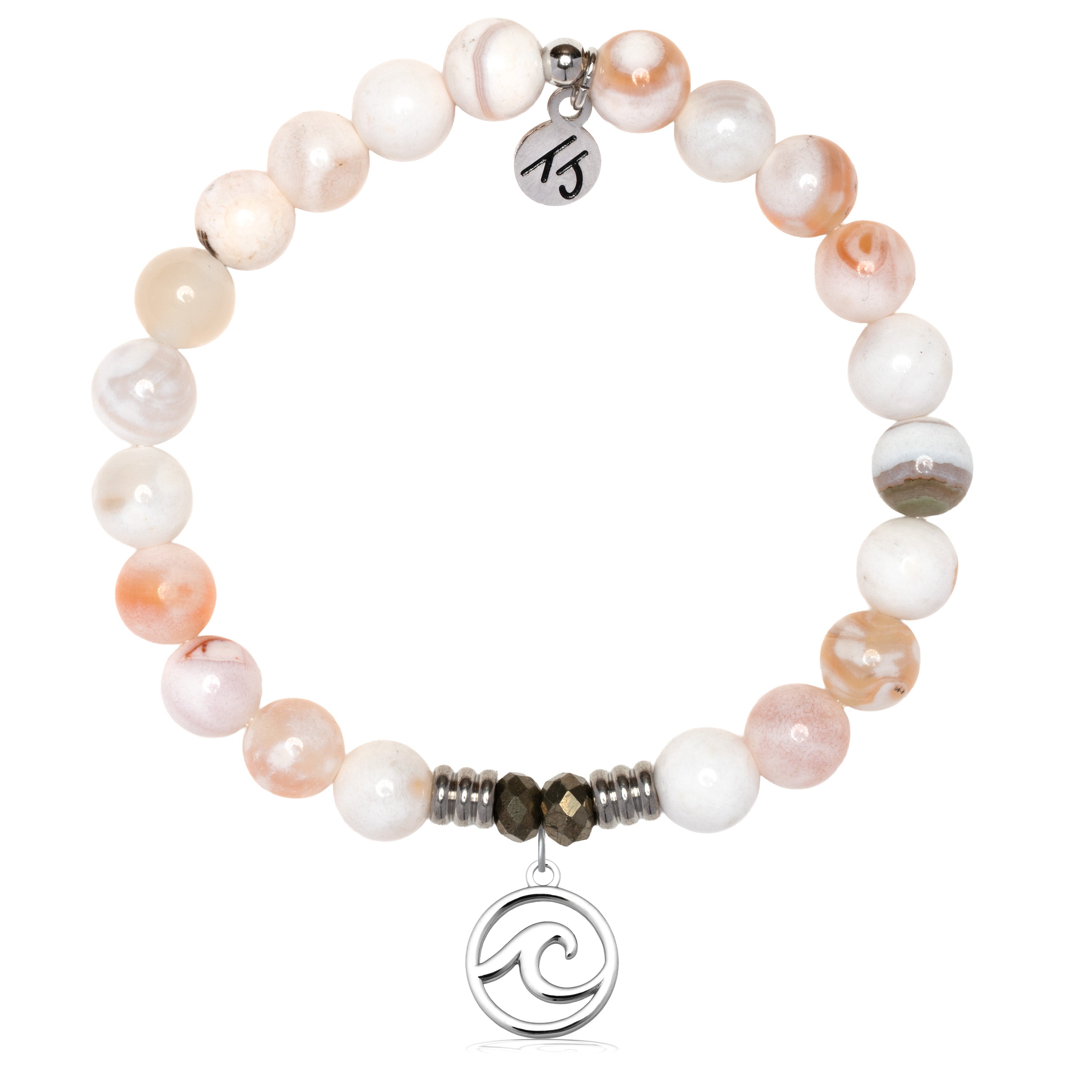 White Natural Agate Gemstone Bracelet with Wave Cutout Sterling Silver Charm