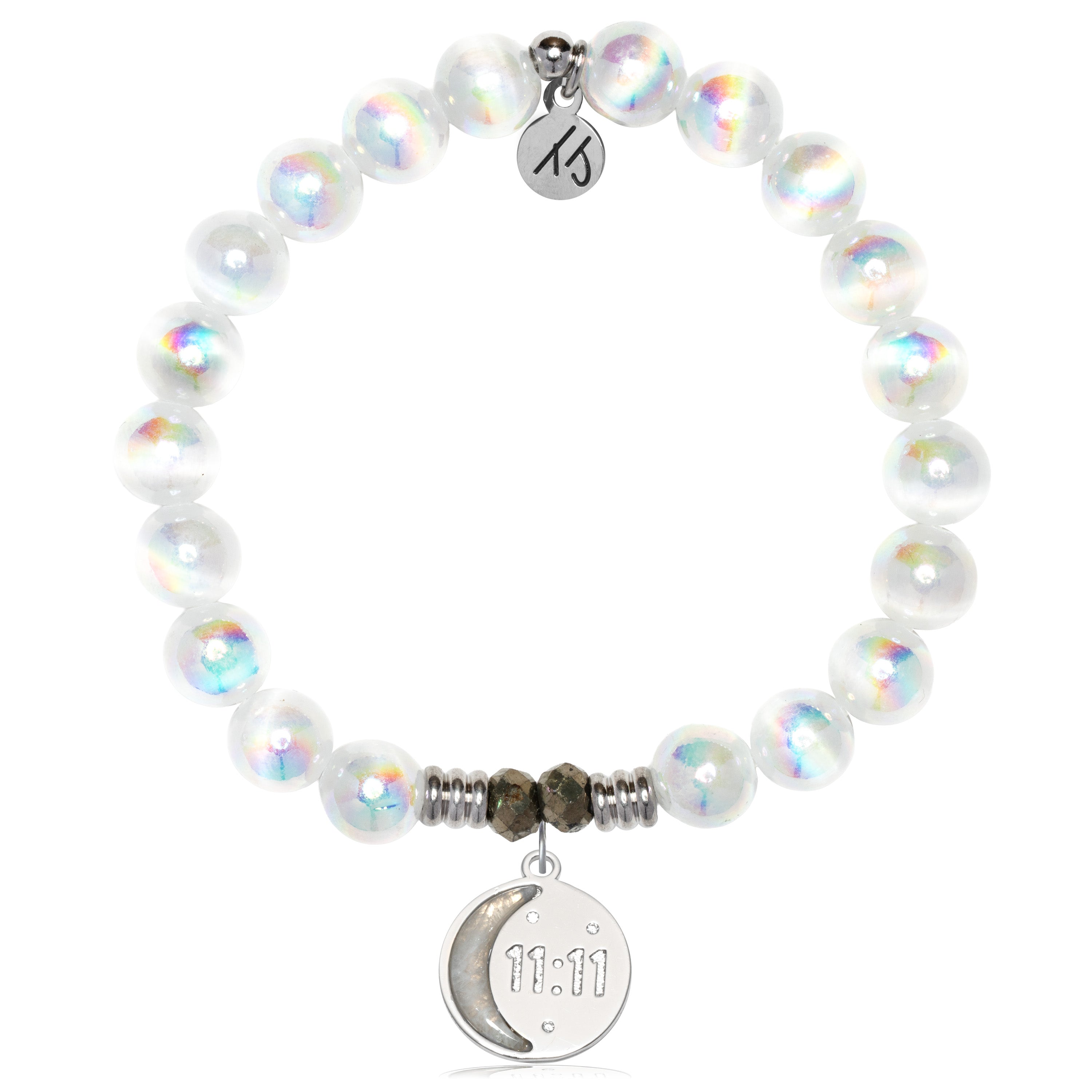 White Selenite Gemstone Bracelet with 11:11 Sterling Silver Charm