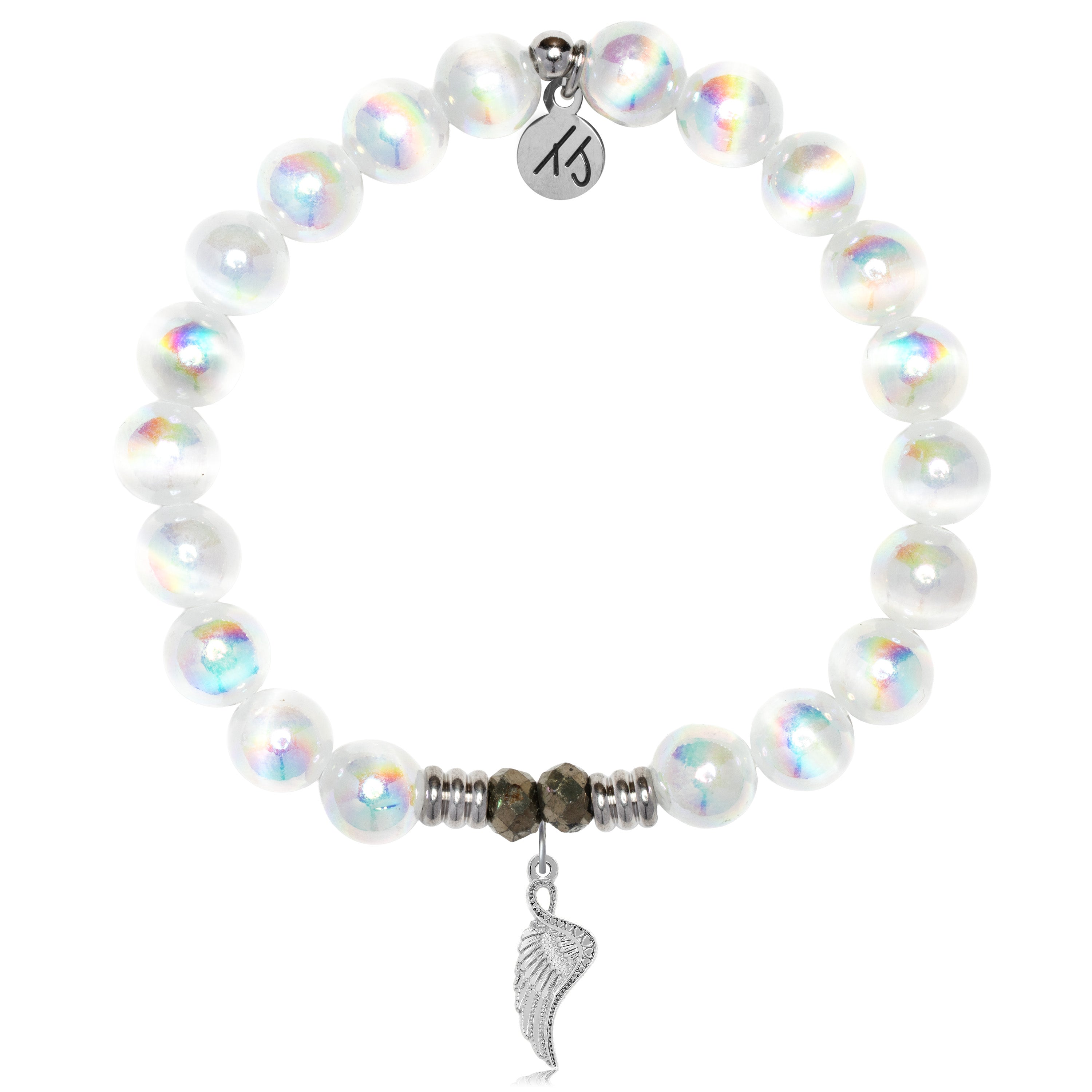 White Selenite Gemstone Bracelet with Angel Blessings Sterling Silver Charm