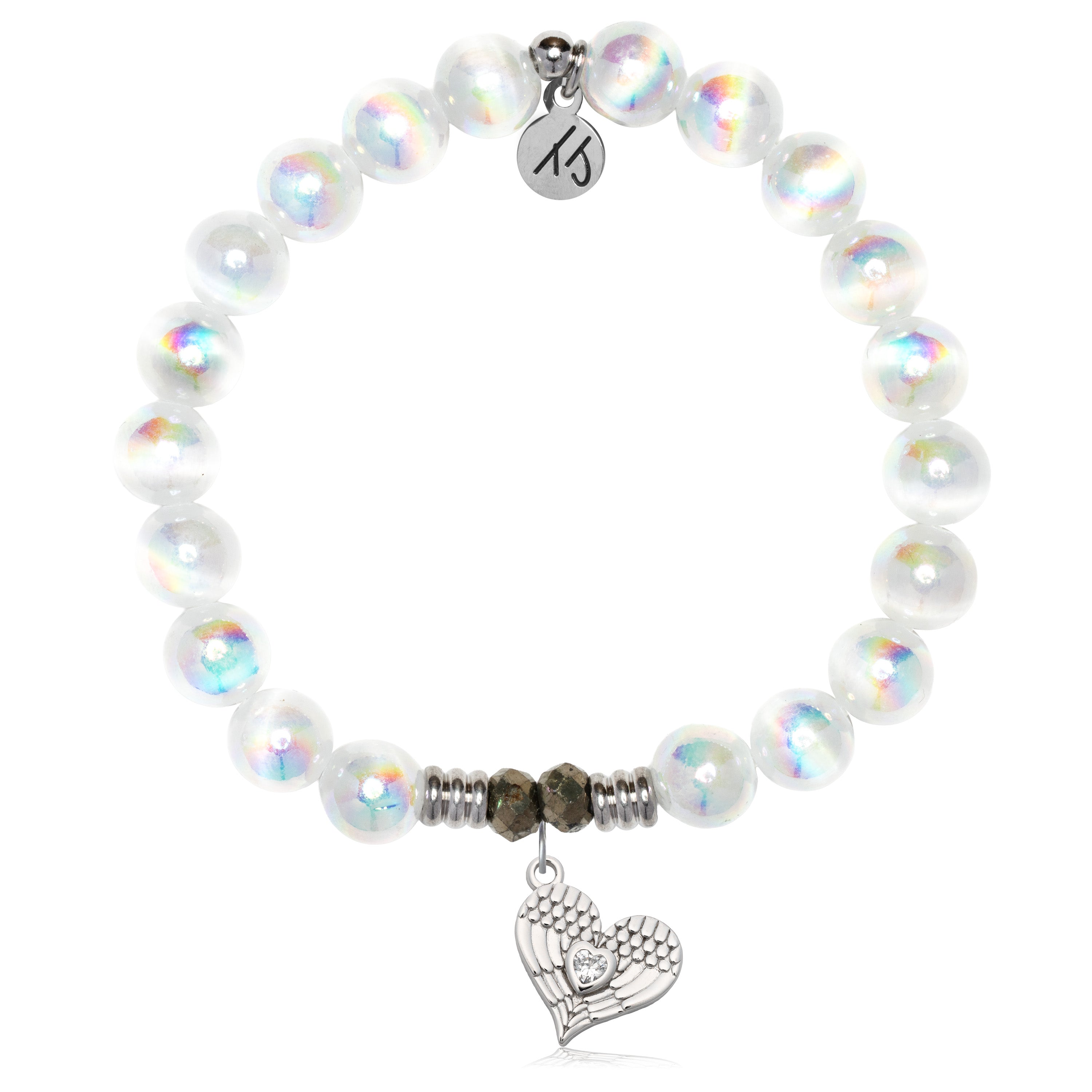 White Selenite Gemstone Bracelet with Angel Love Sterling Silver Charm