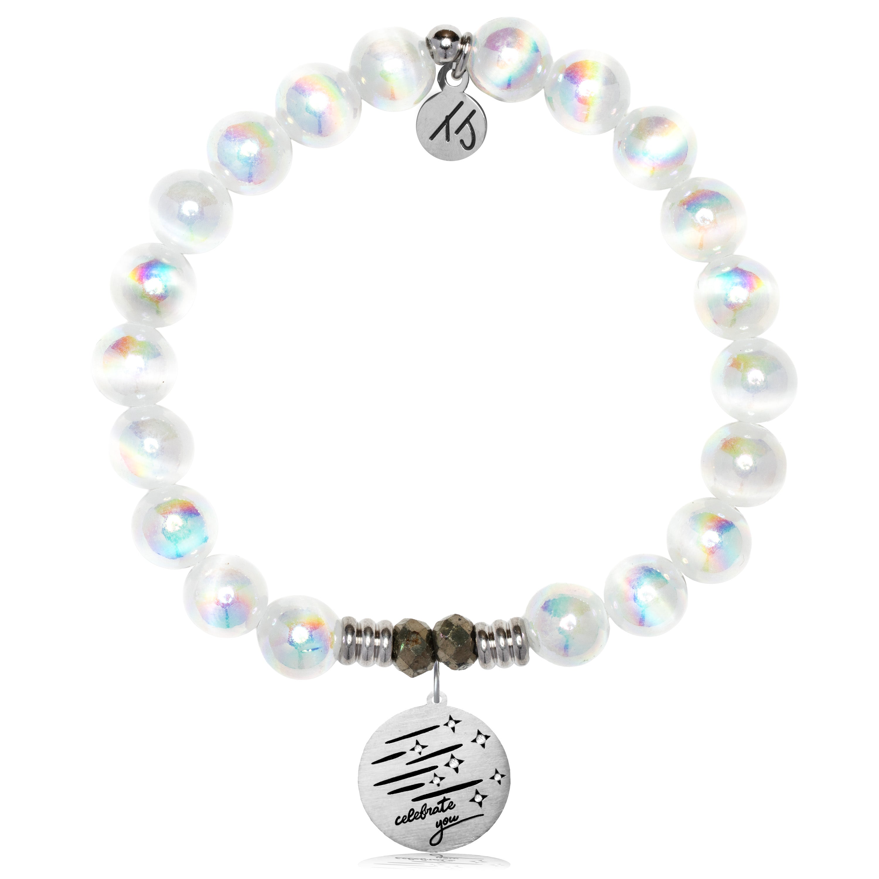 White Selenite Gemstone Bracelet with Birthday Wishes Sterling Silver Charm