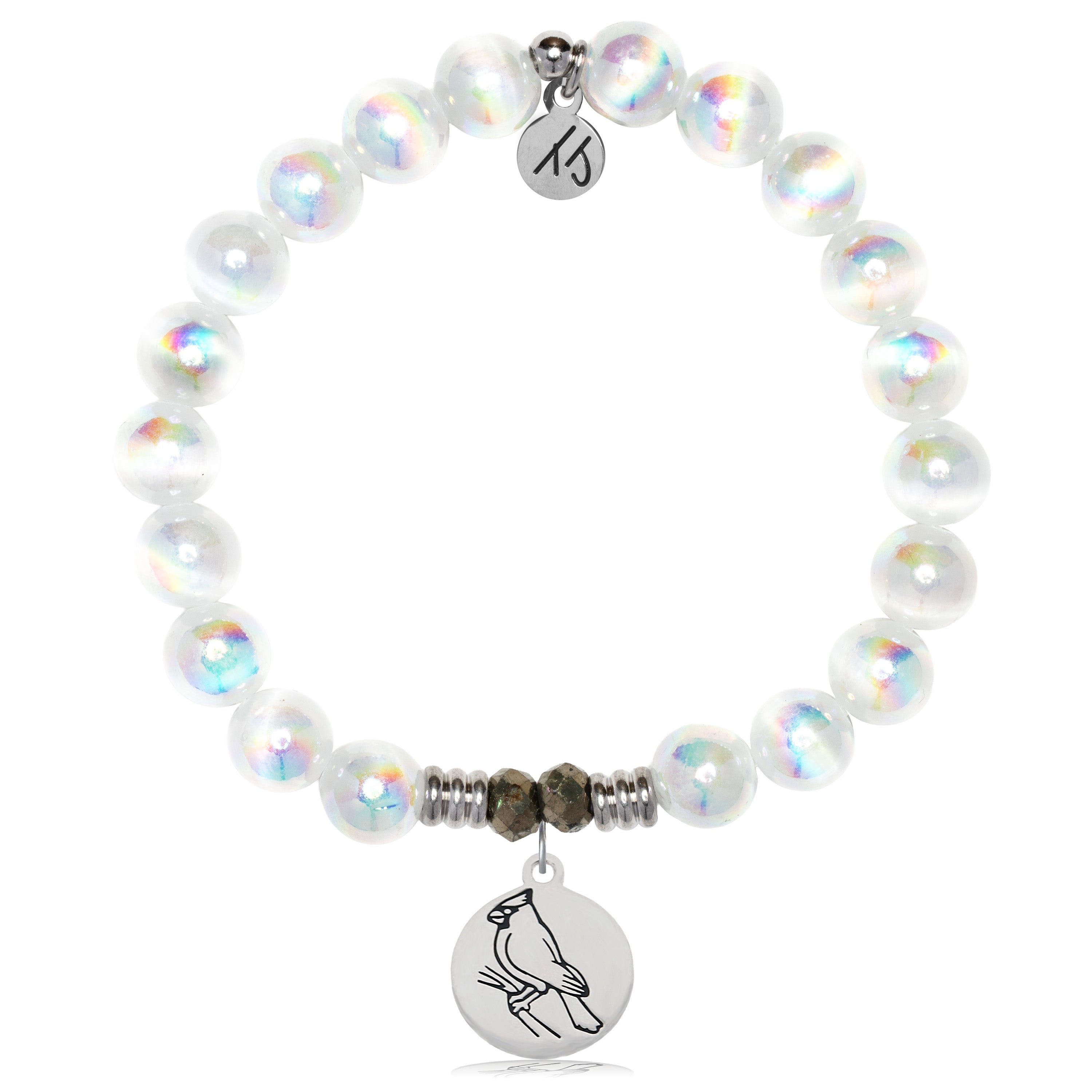 White Selenite Gemstone Bracelet with Cardinal Sterling Silver Charm